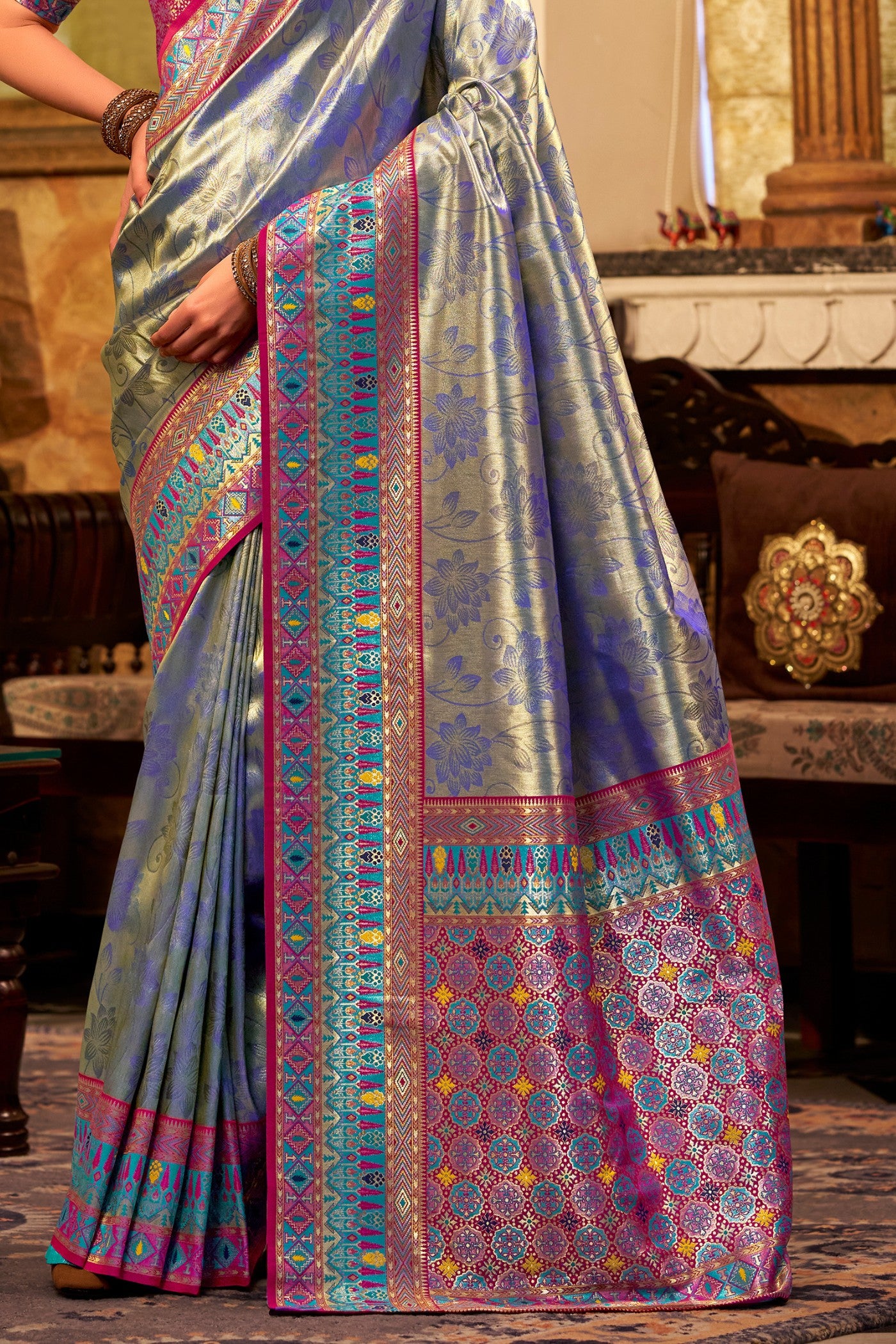 Buy MySilkLove Cobalt Blue Zari Woven Tissue Silk Saree Online