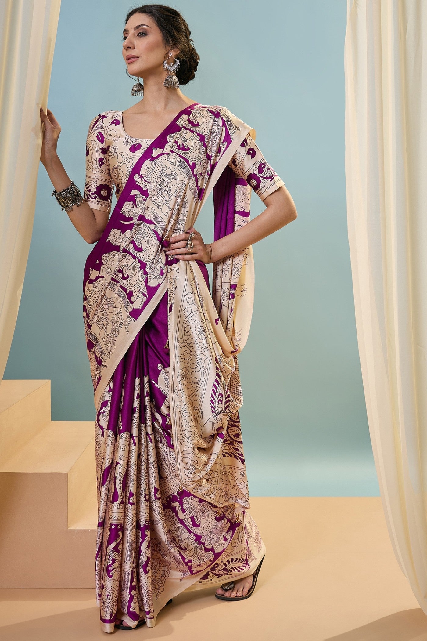 Buy MySilkLove Jam Purple Ajrakh Printed Satin Crepe Silk Saree Online