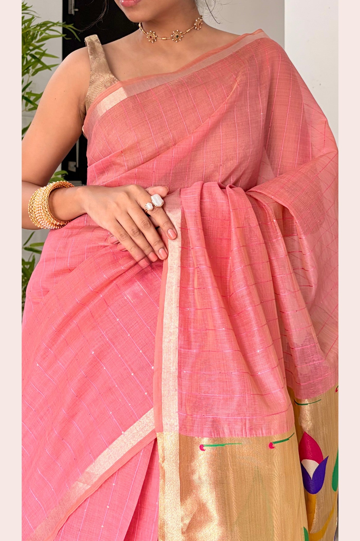 Buy MySilkLove Froly Pink Jamdani Cotton Tissue Paithani Saree Online
