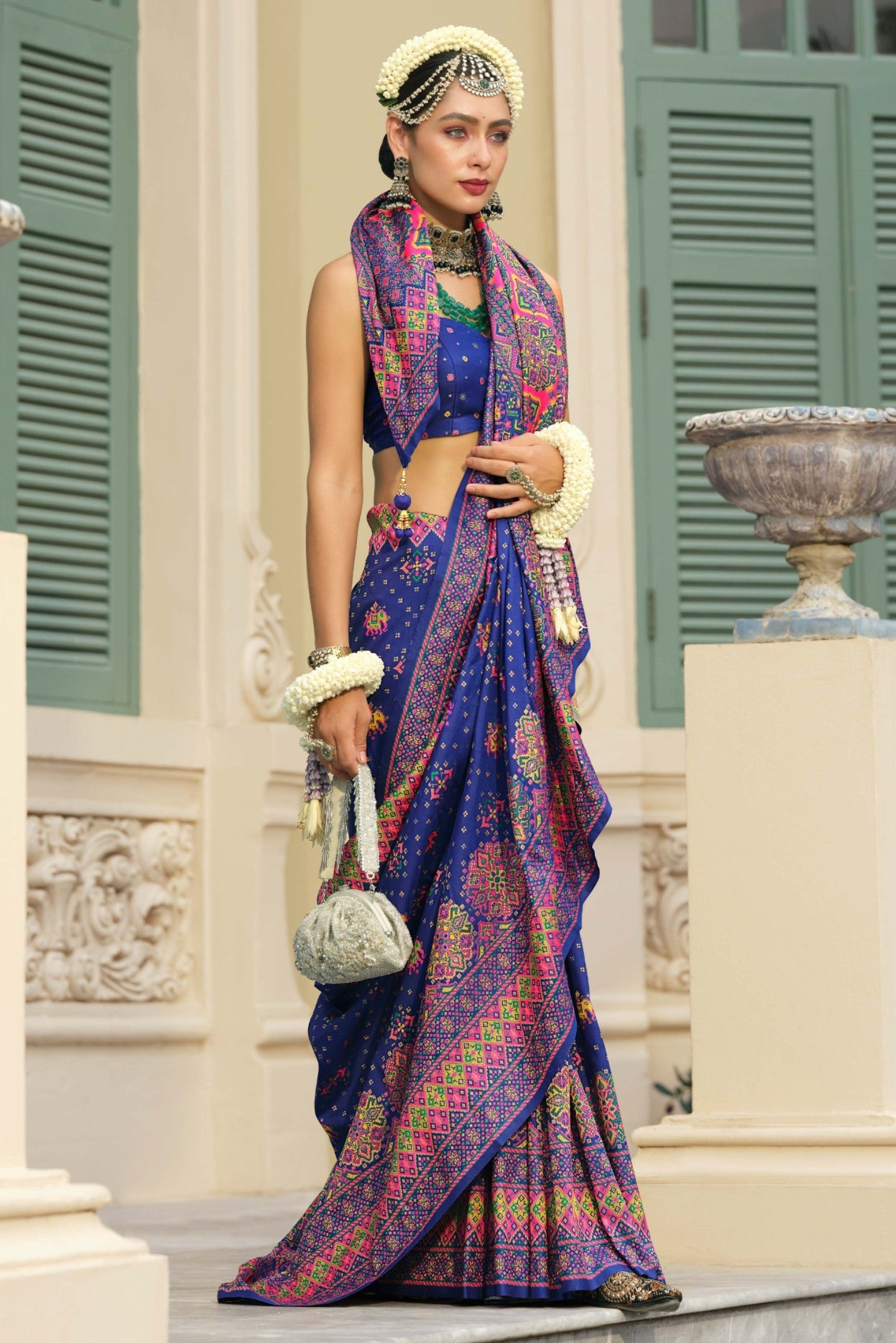 Buy MySilkLove Navy Blue Printed Kashmiri Jamewar Silk Saree Online