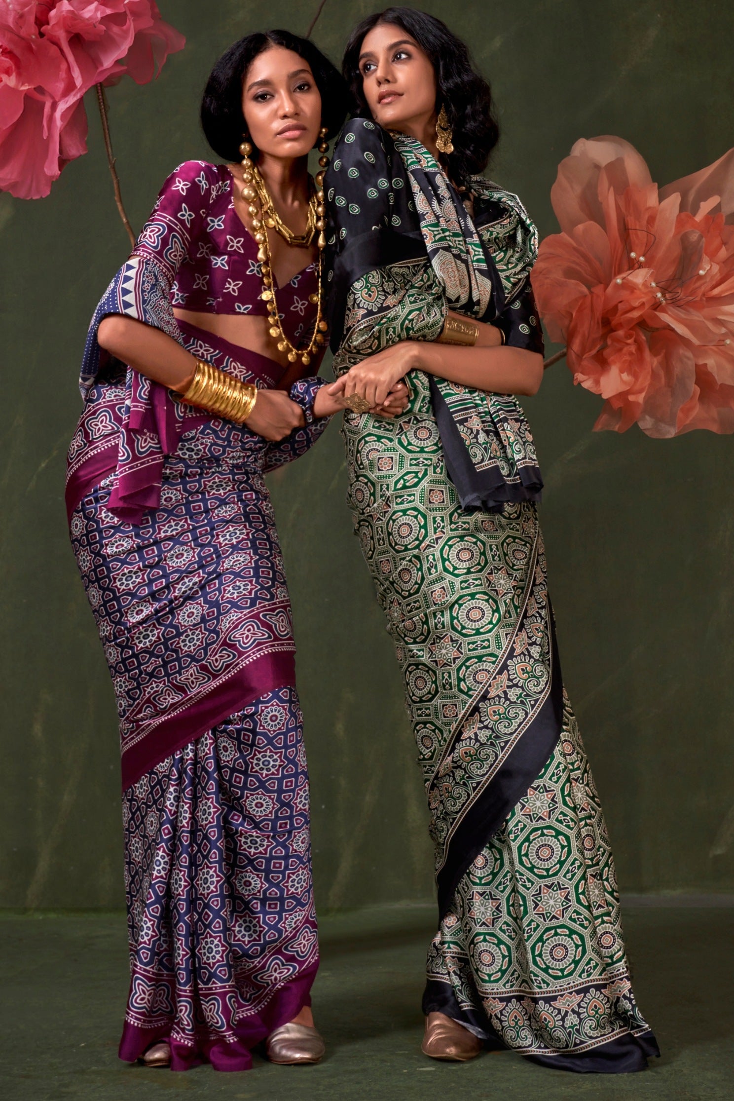 Buy MySilkLove Heather Purple Ajrakh Printed Satin Crepe Silk Saree Online