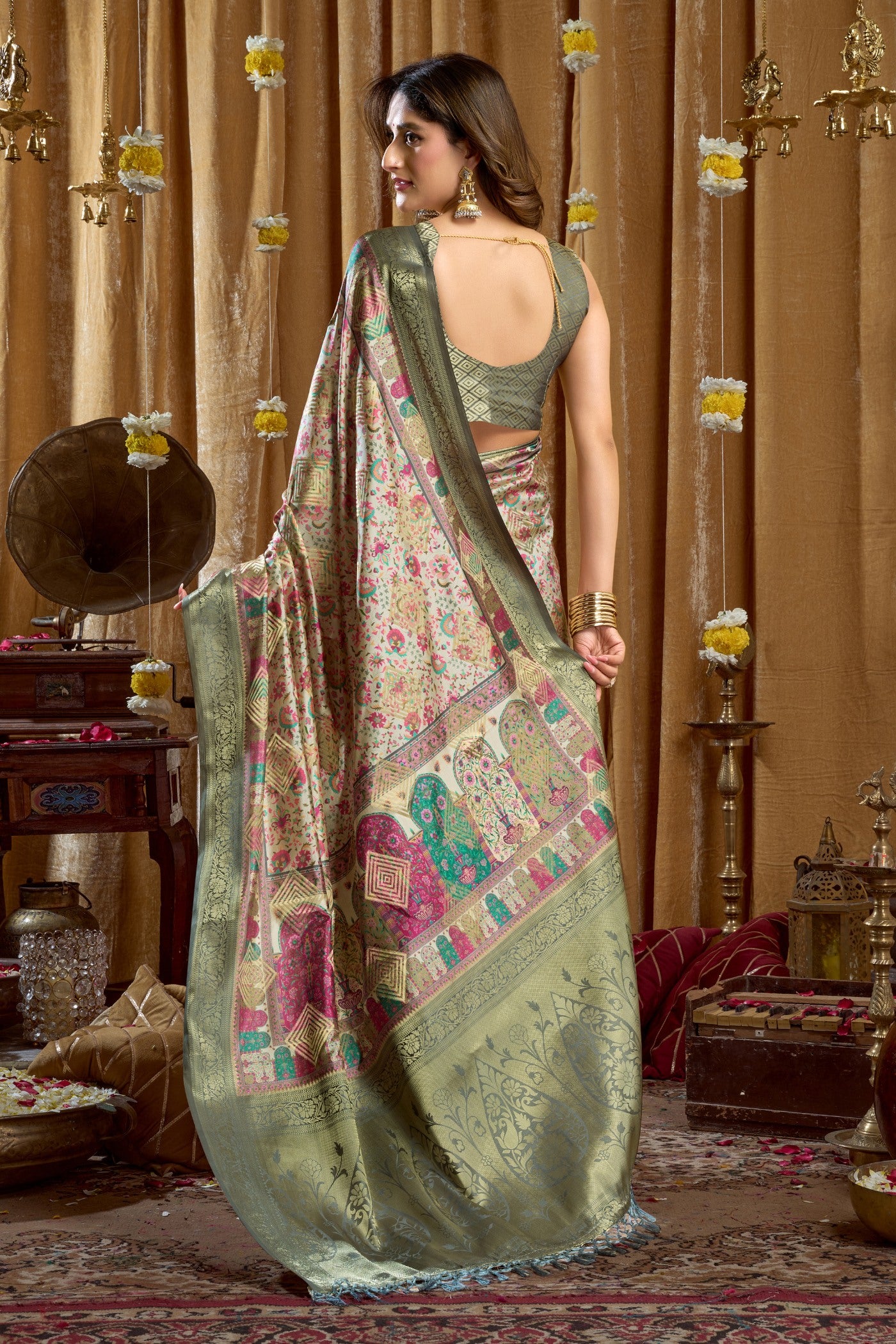 Buy MySilkLove Porcelain Cream and Green Digital Printed Banarasi Saree Online