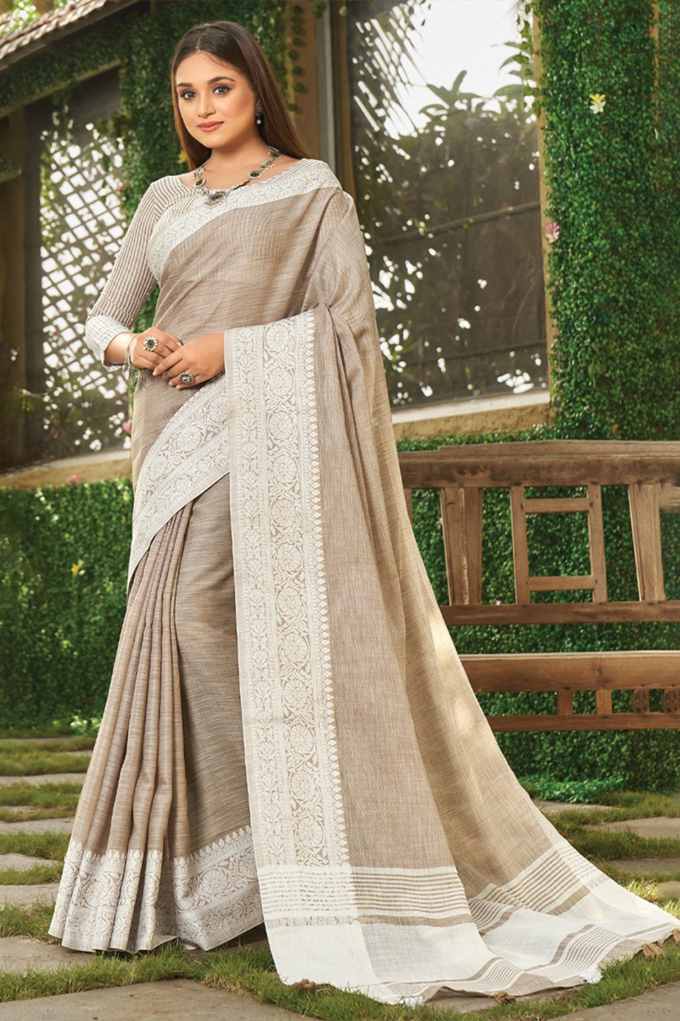 Buy MySilkLove Hazel Brown Handloom Linen Saree Online