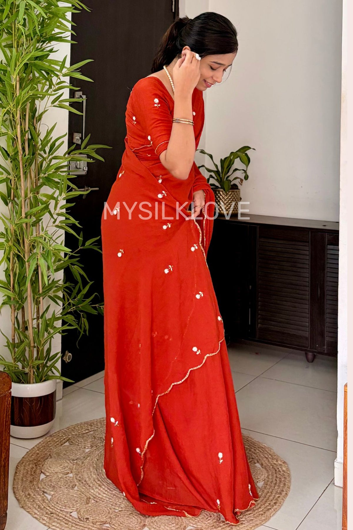 Buy MySilkLove Burnt Orange Georgette Floral Sequins Bid Work Saree Online