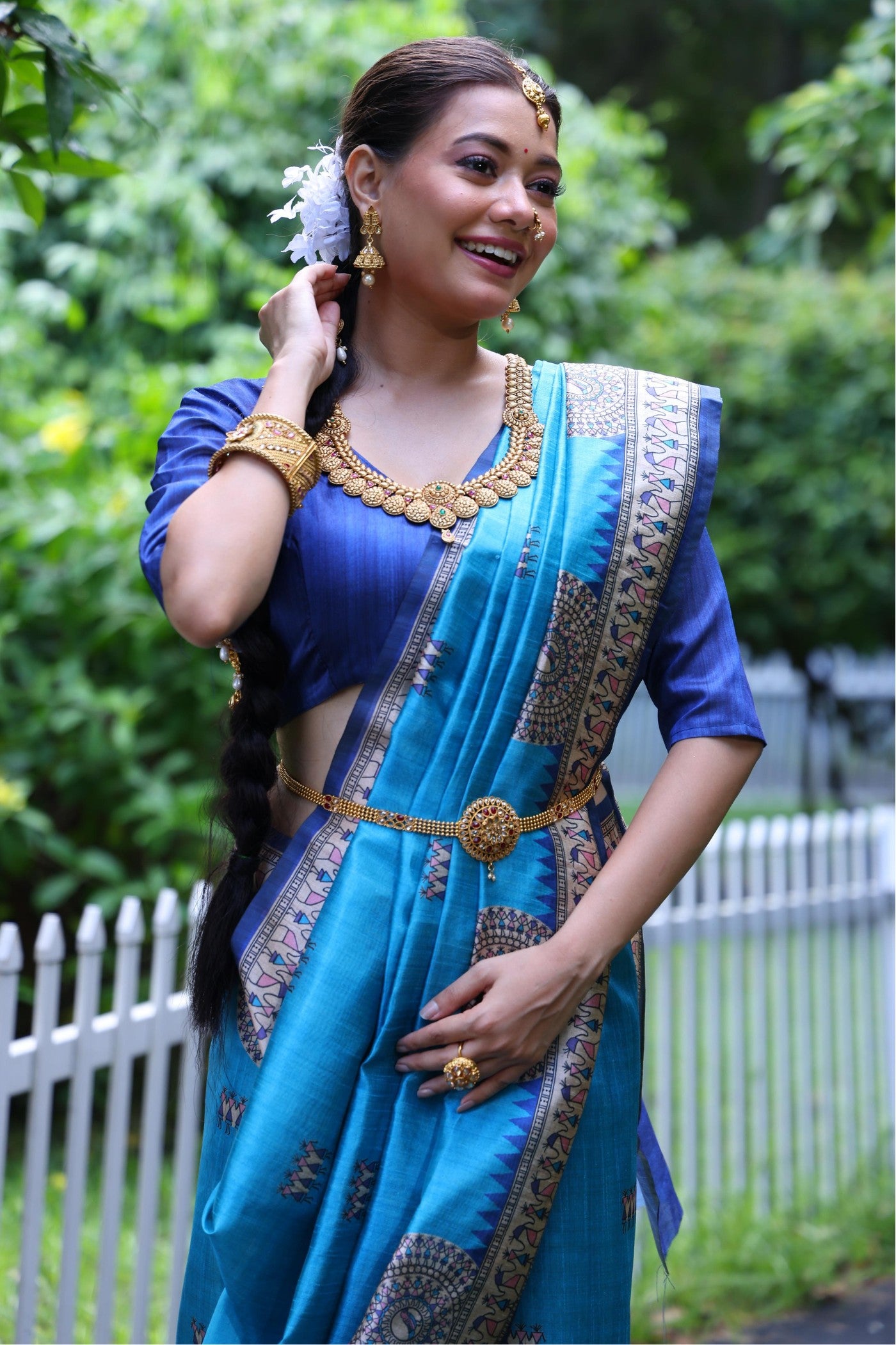 MySilkLove Celtic Blue Madhubani Tussar Printed Silk Saree