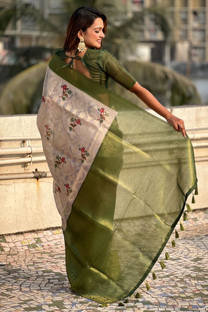 Buy MySilkLove Heathered Cream and Green Woven Cotton Saree Online
