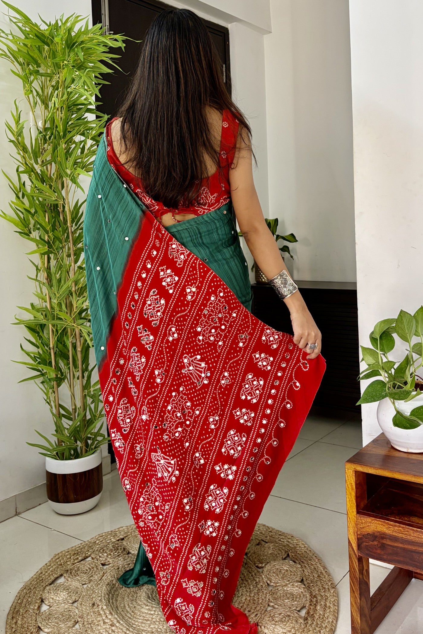 Buy MySilkLove Myrtle Green and Red Gaji Bandej Satin Soft Silk Saree Online