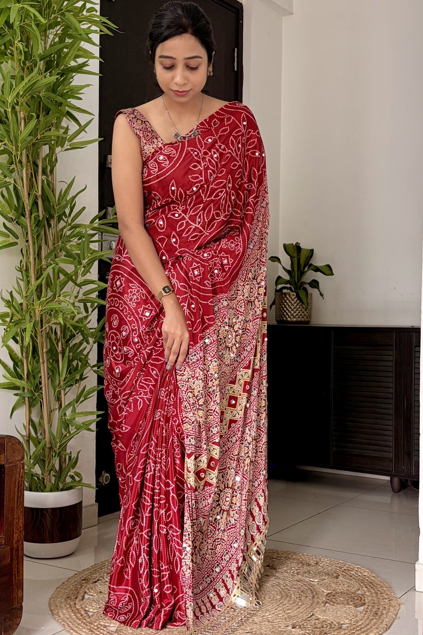 Buy MySilkLove Bittersweet Red Modal Ajrakh Satin Printed Mirror Work Saree Online
