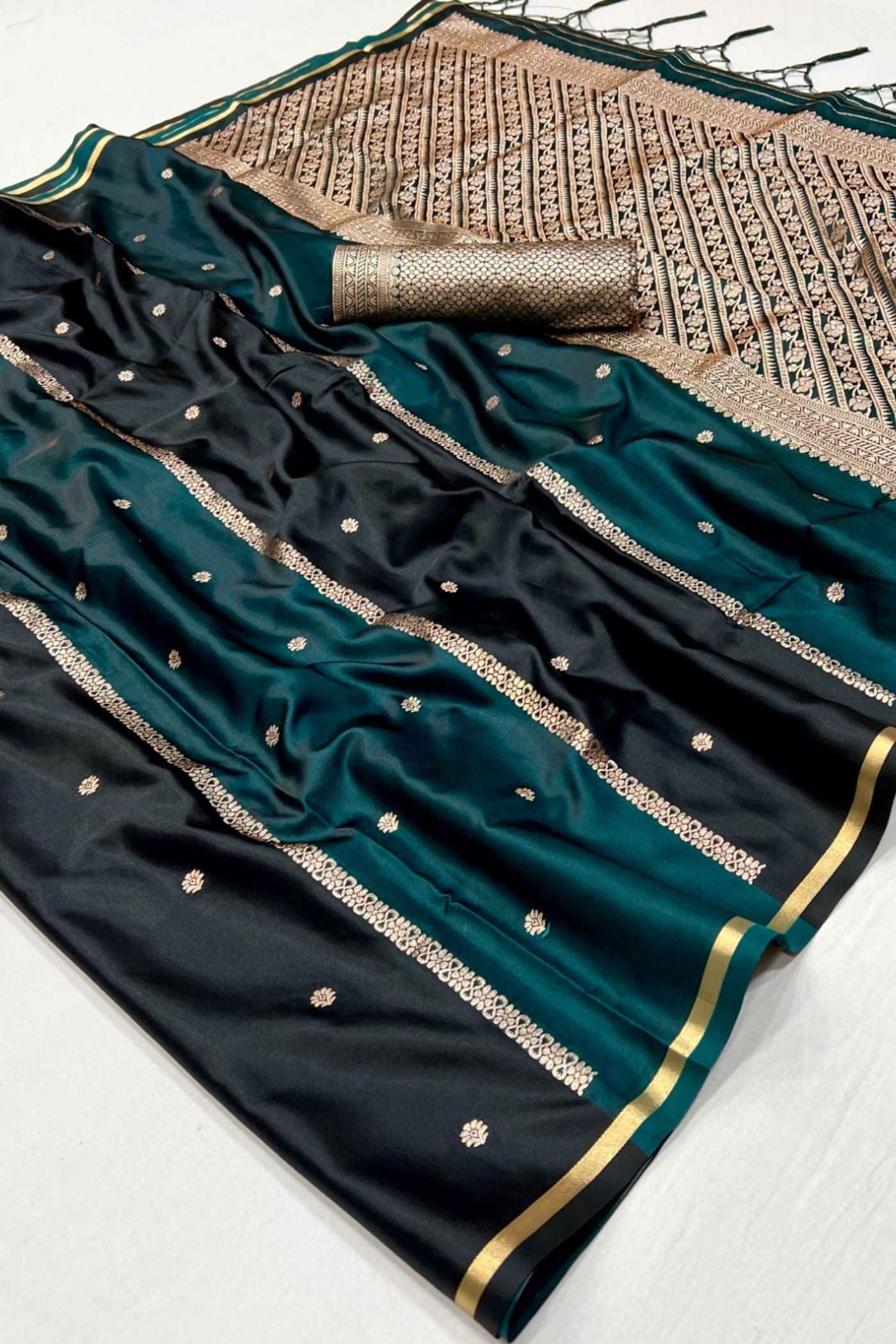 Buy MySilkLove Dark Blue Handloom Rangkat Banarasi Satin Silk Saree Online