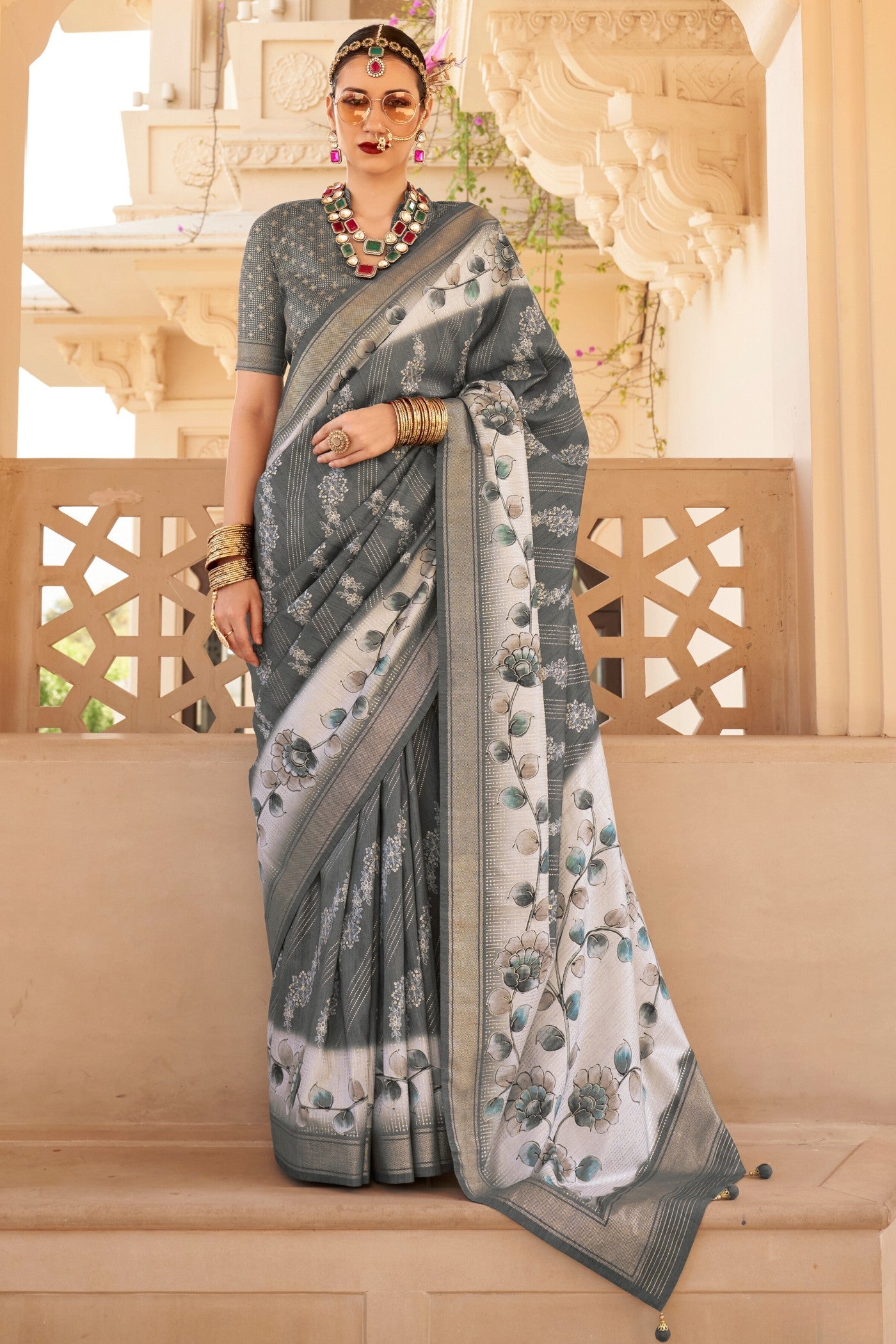 Buy MySilkLove Ironside Grey Floral Printed Banarasi Saree Online
