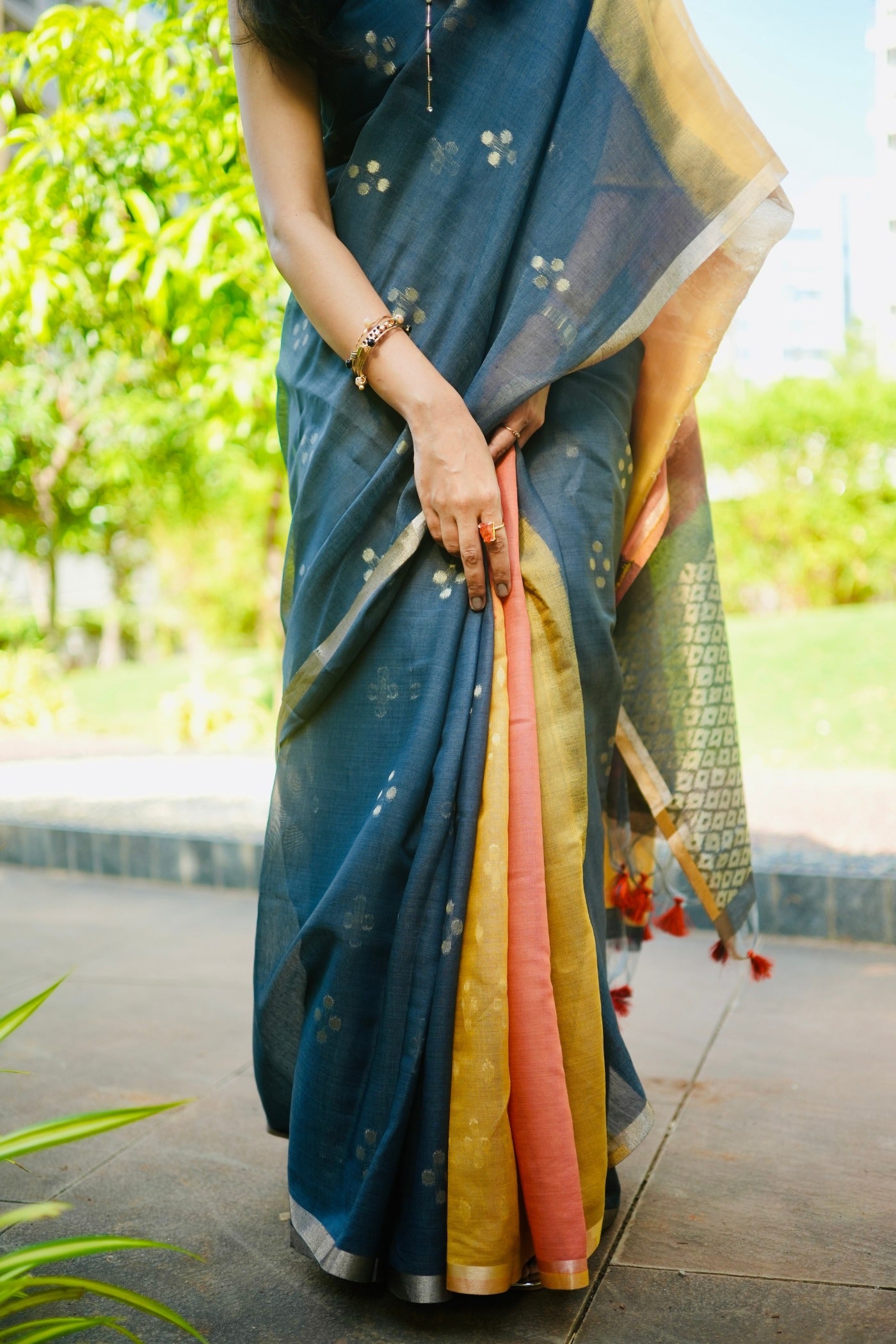 Buy MySilkLove Ink Black and Yellow Handloom Cotton Saree Online