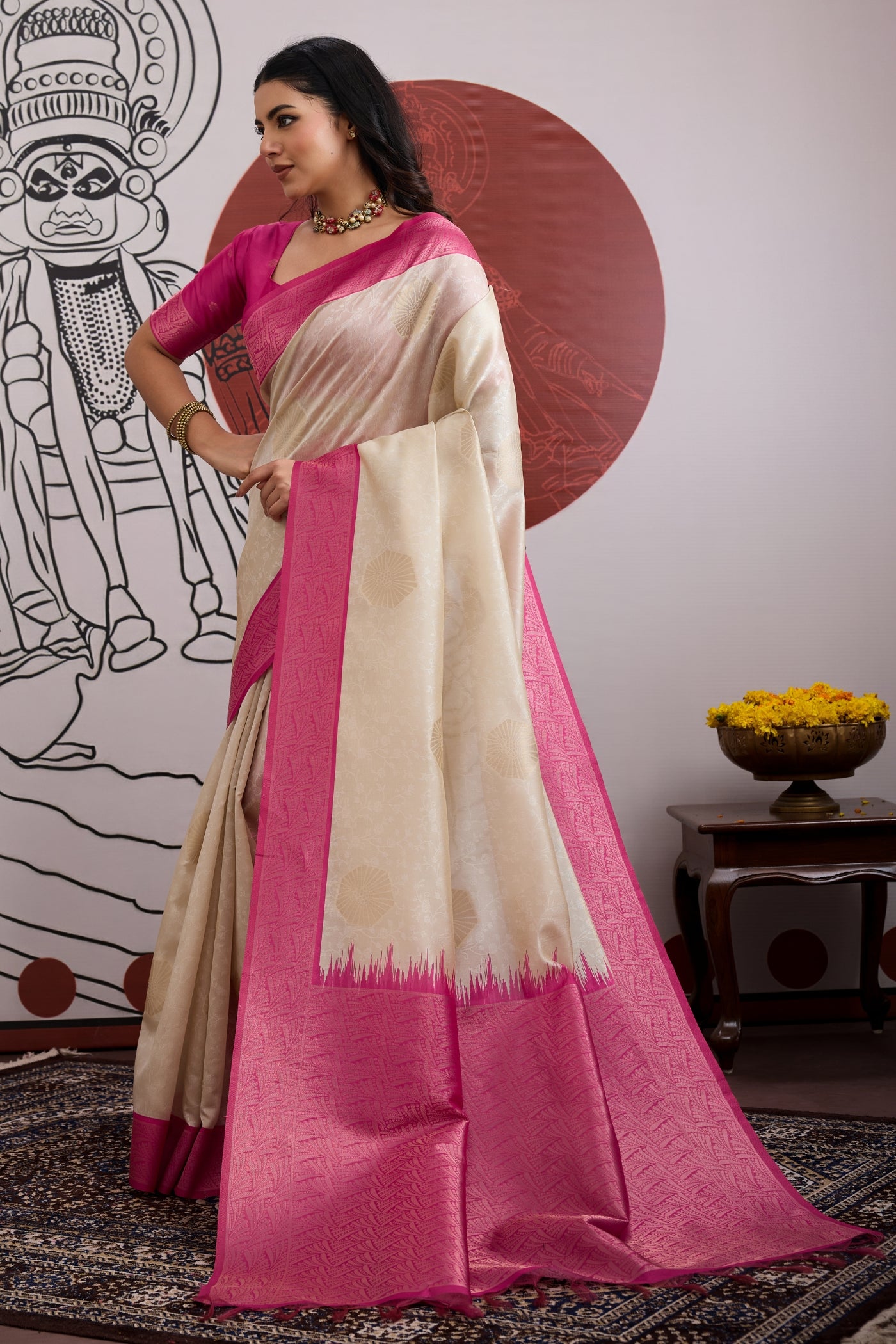 Buy MySilkLove Oyster Cream and Pink Handloom South Silk Saree Online