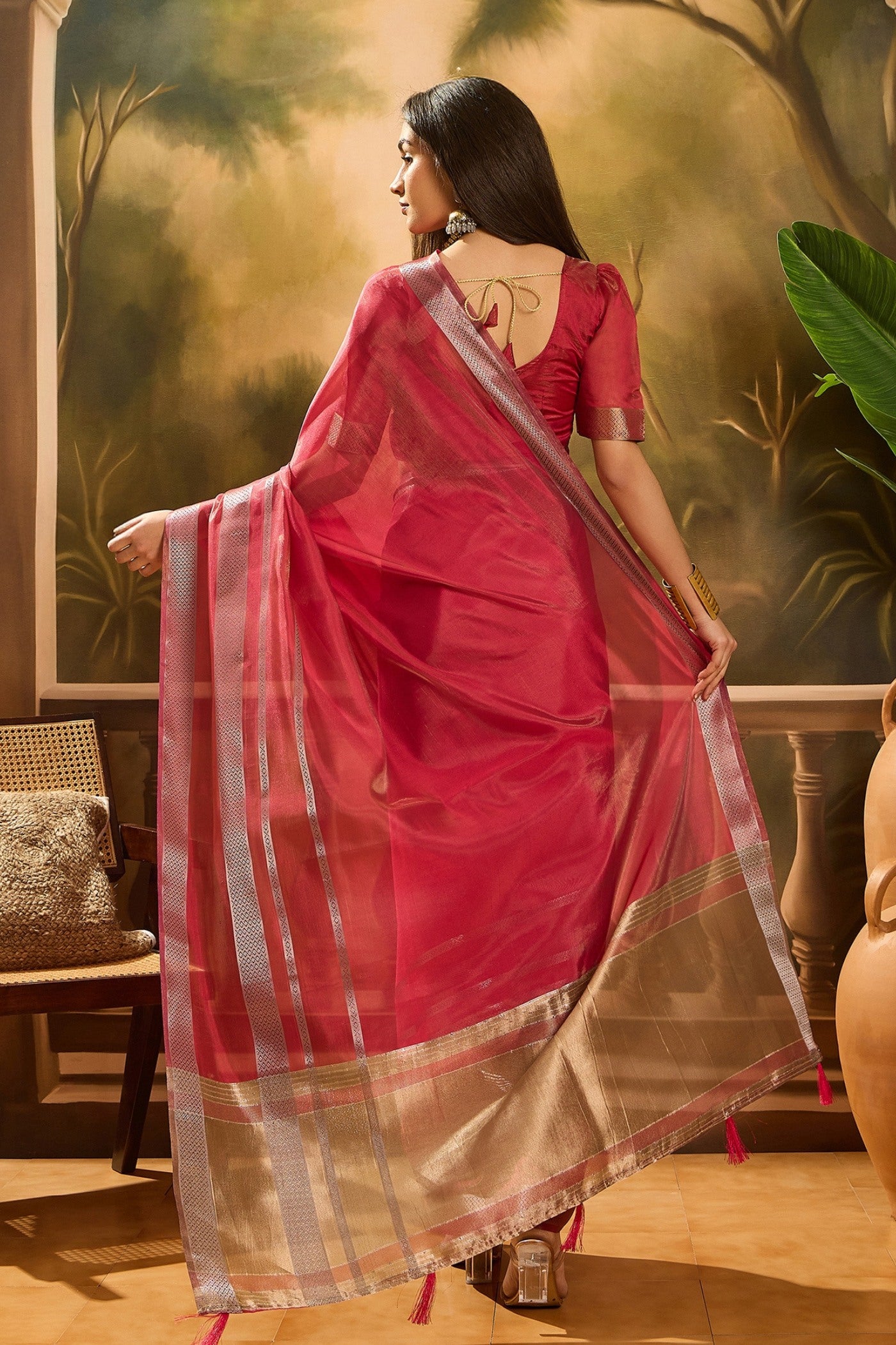 Buy MySilkLove Fire Red Woven Organza Saree Online