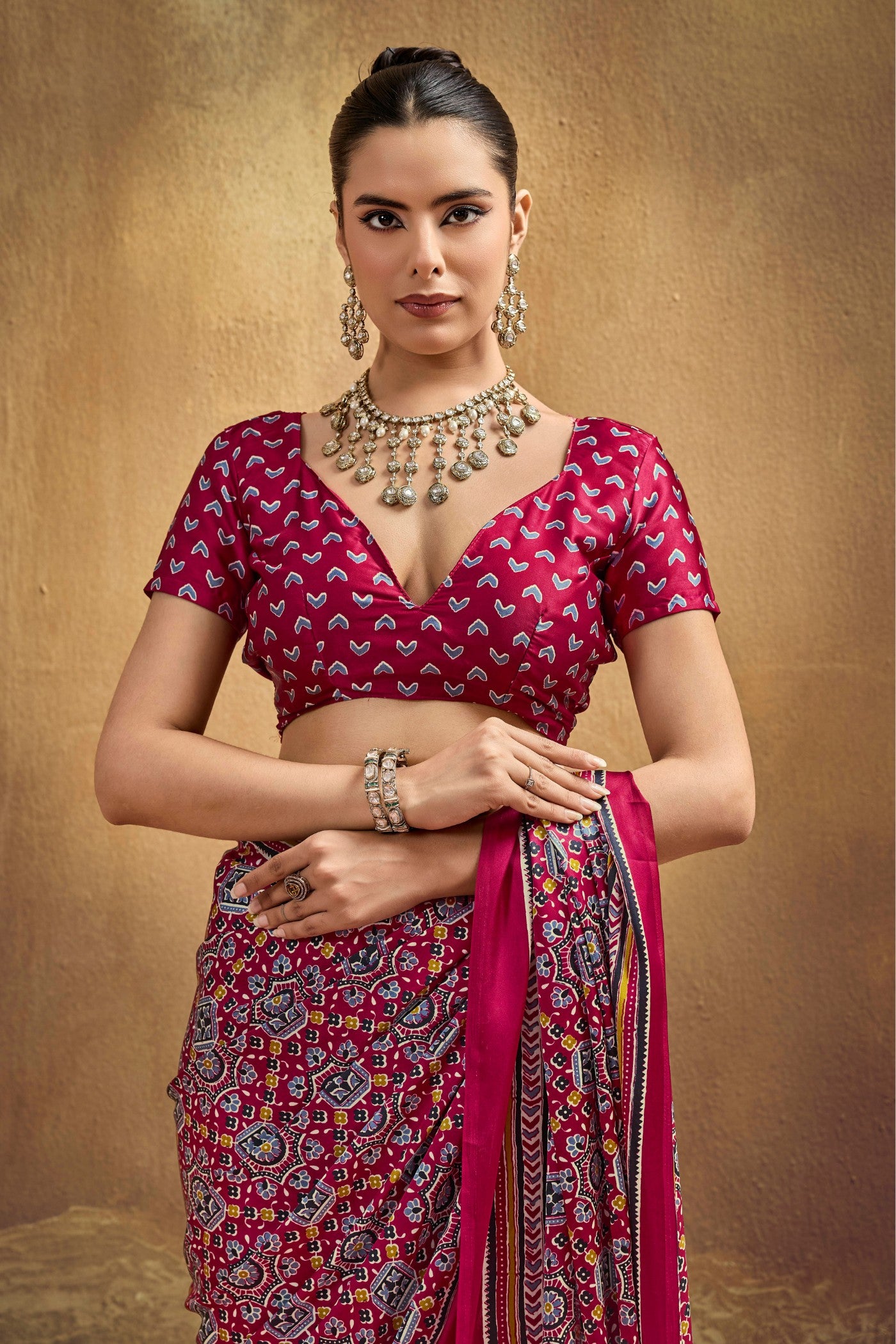 Buy MySilkLove Angare Maroon Modal Ajrakh Satin Printed Silk Saree Online