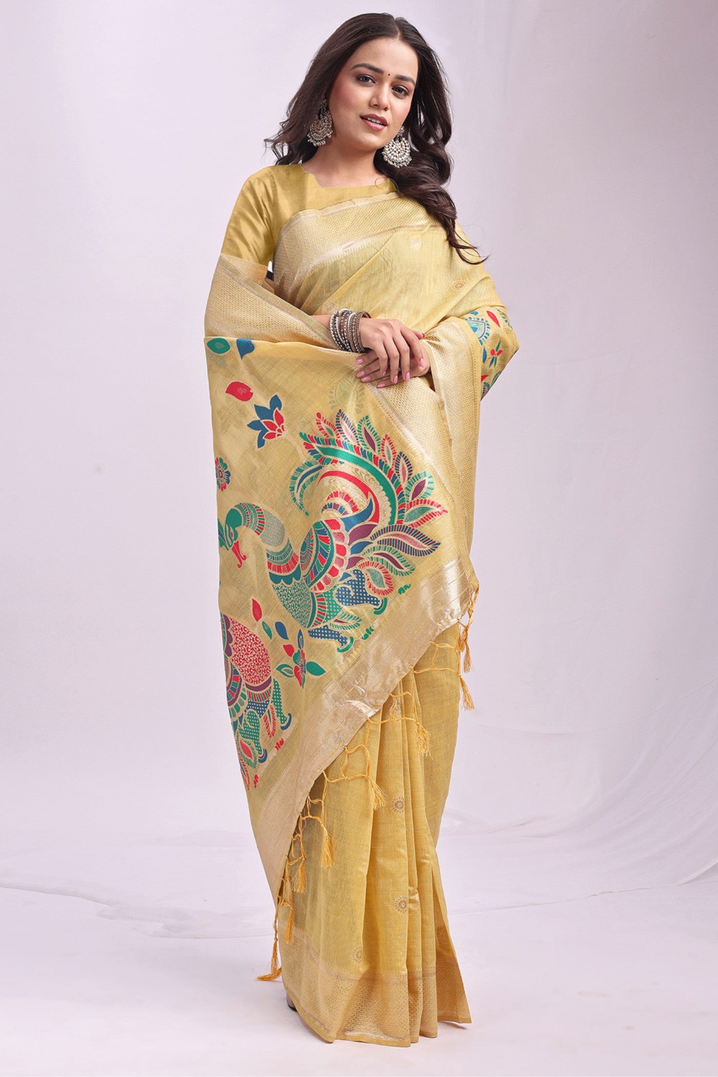 Buy MySilkLove Sun Yellow Woven Linen Cotton Saree Online