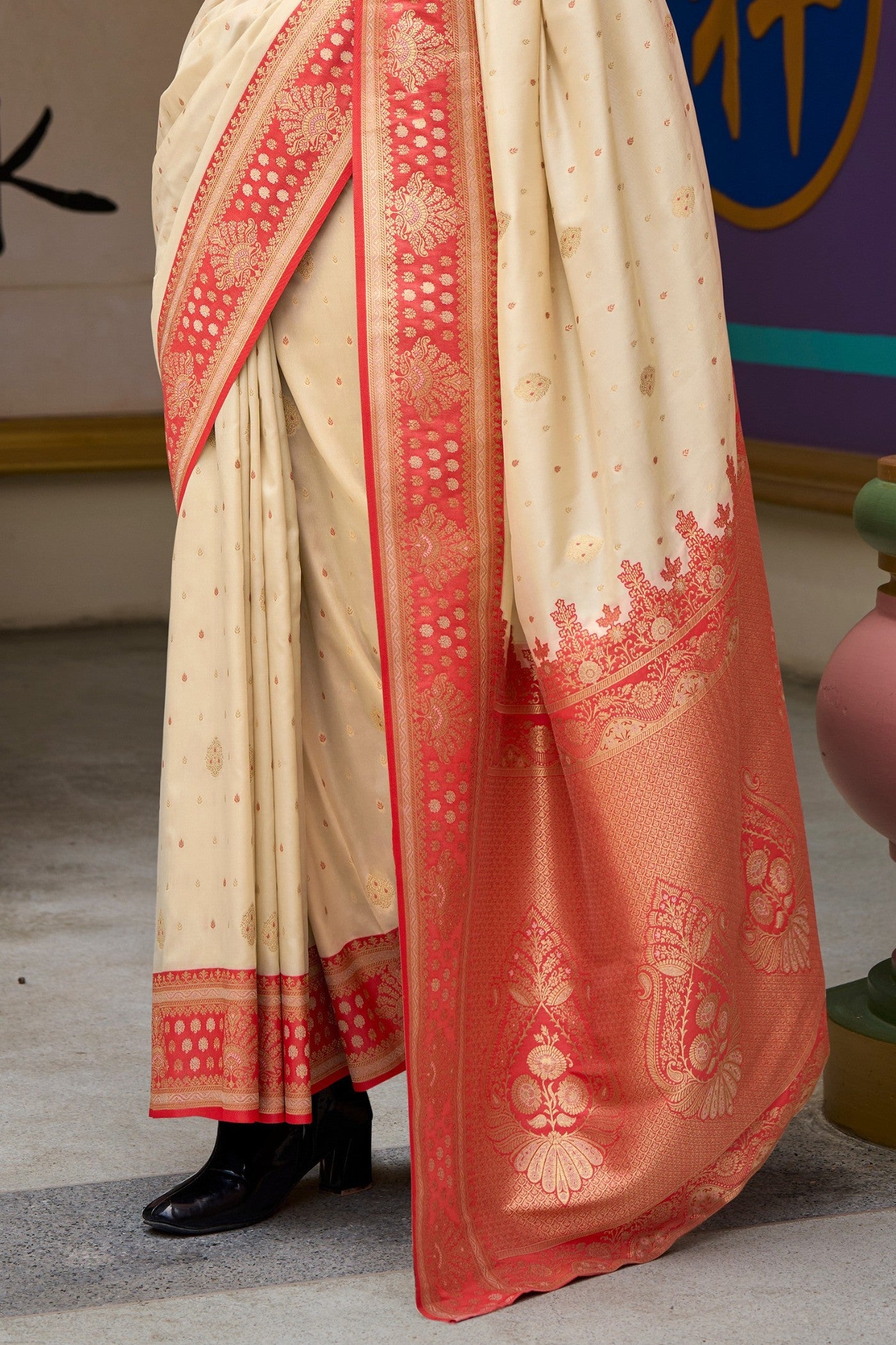 Buy MySilkLove Bisque Cream Woven Banarasi Saree Online
