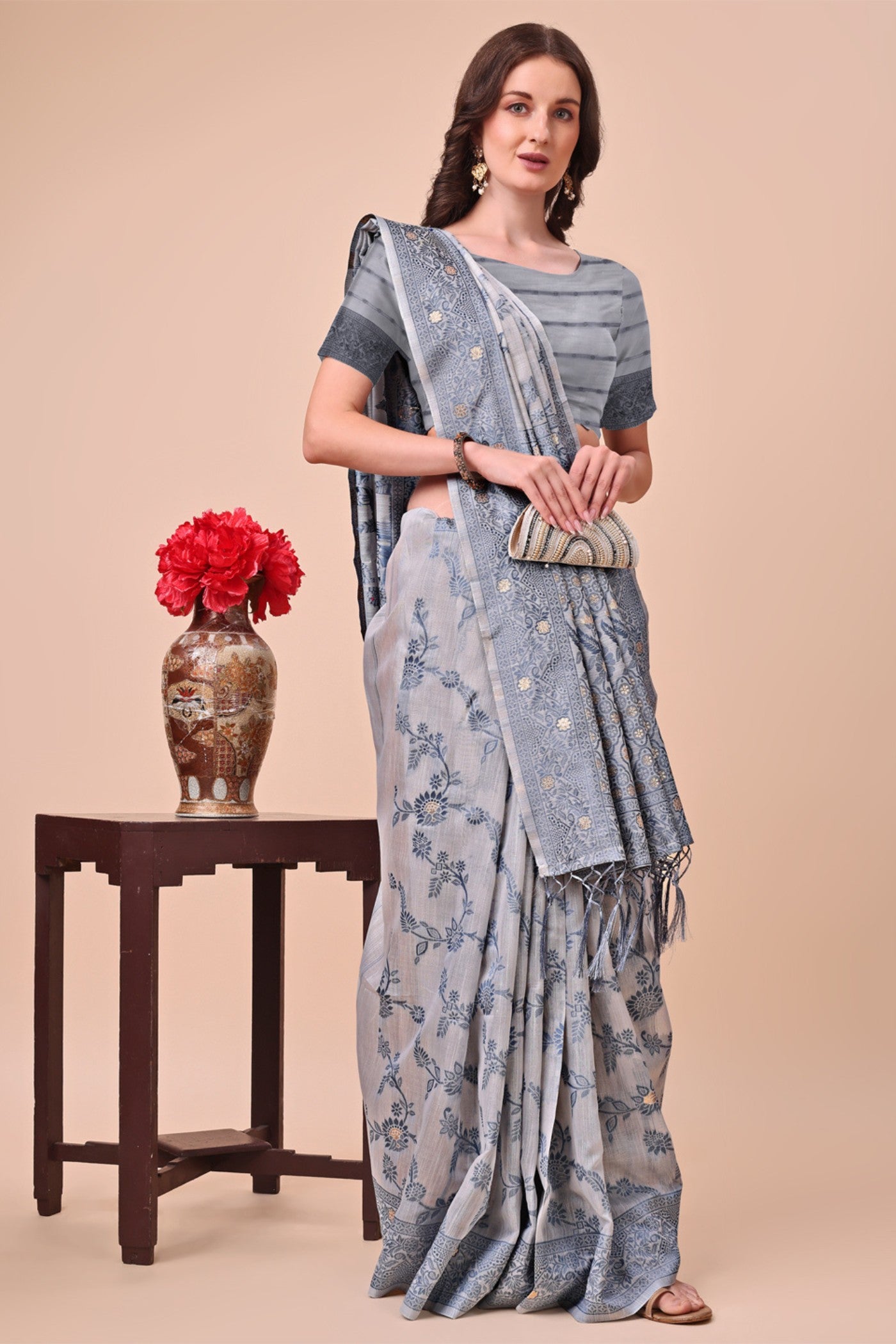 Buy MySilkLove Iron Grey Woven Cotton Saree Online