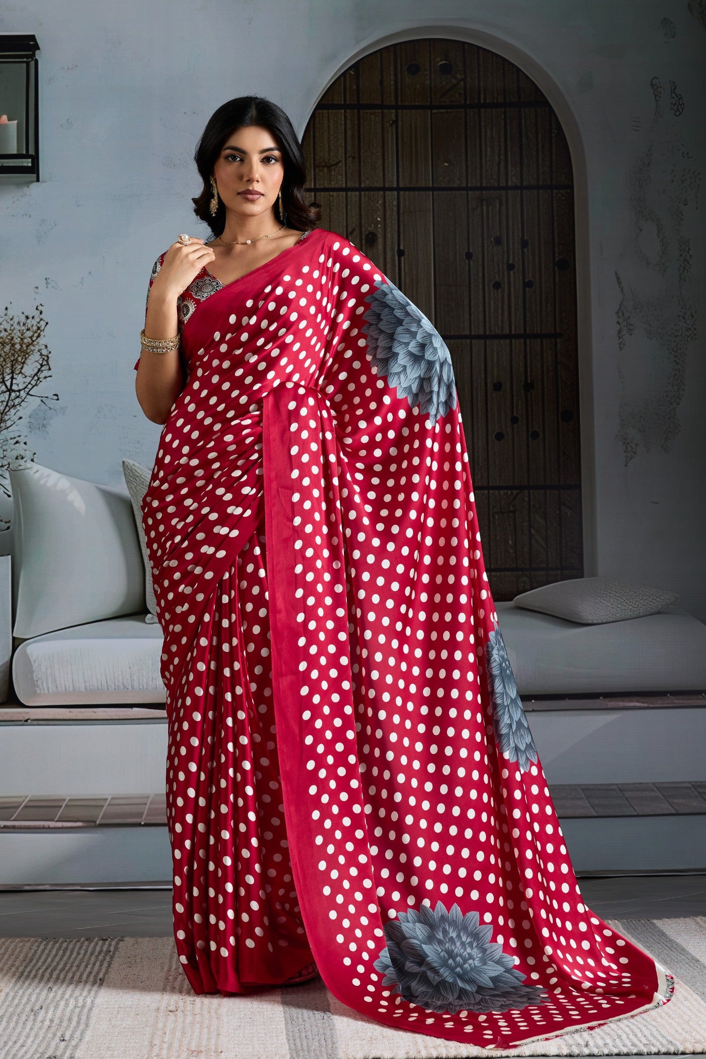 Buy MySilkLove Melon Red Printed Polka Dots Satin Crepe Saree Online