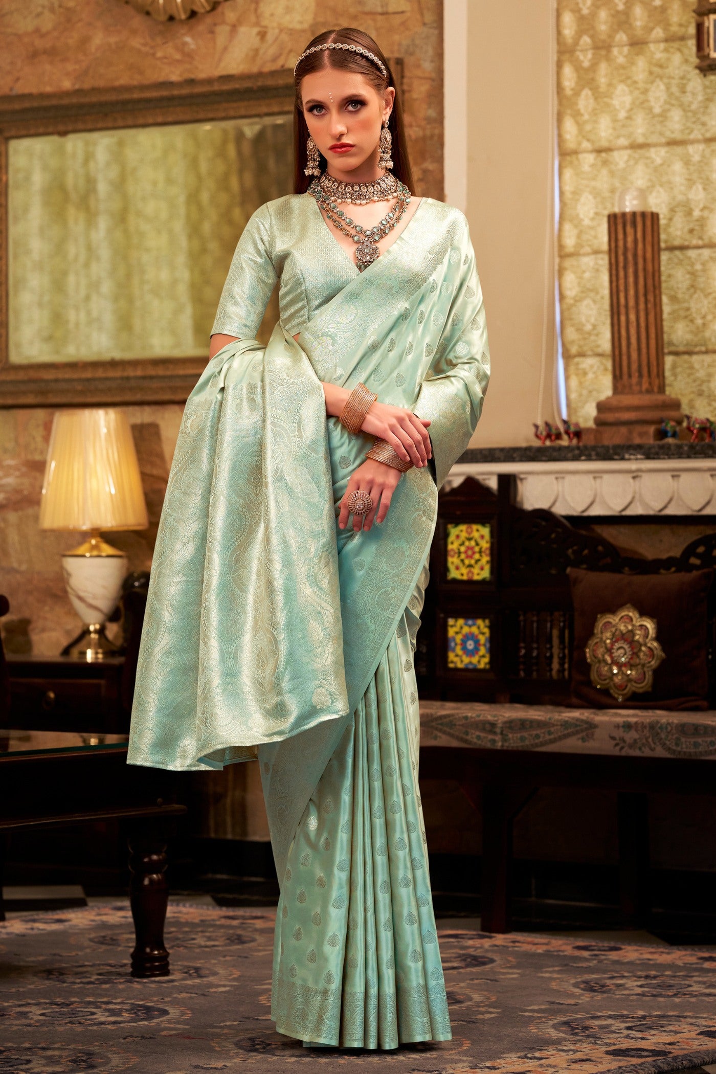 Buy MySilkLove Brighten Green Woven Banarasi Satin Soft Silk Saree Online