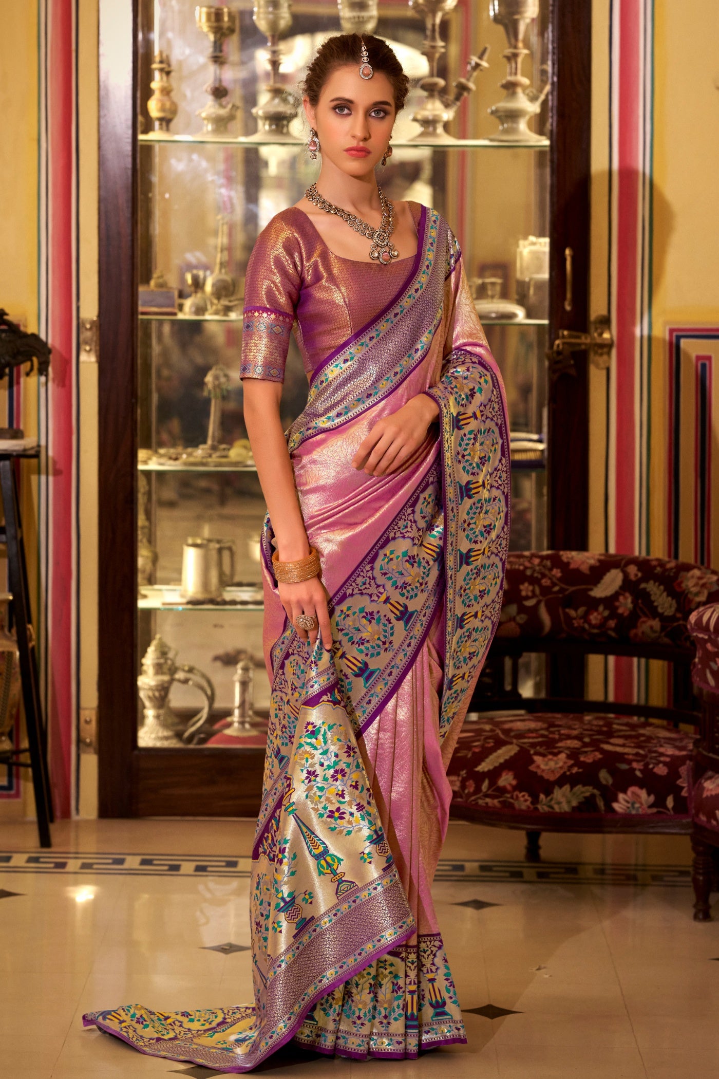 Buy MySilkLove New York Pink Woven Tissue Silk Saree Online