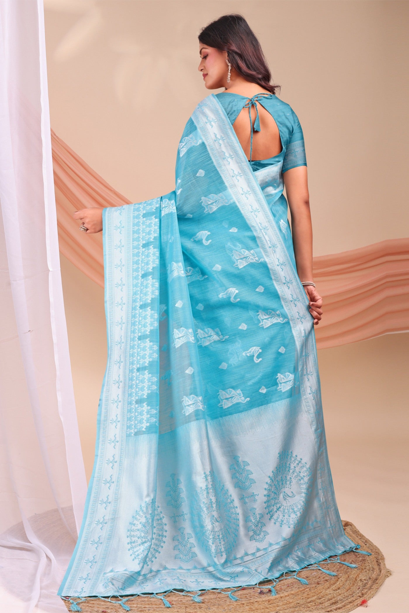 Buy MySilkLove Water Blue Woven Linen Cotton Saree Online