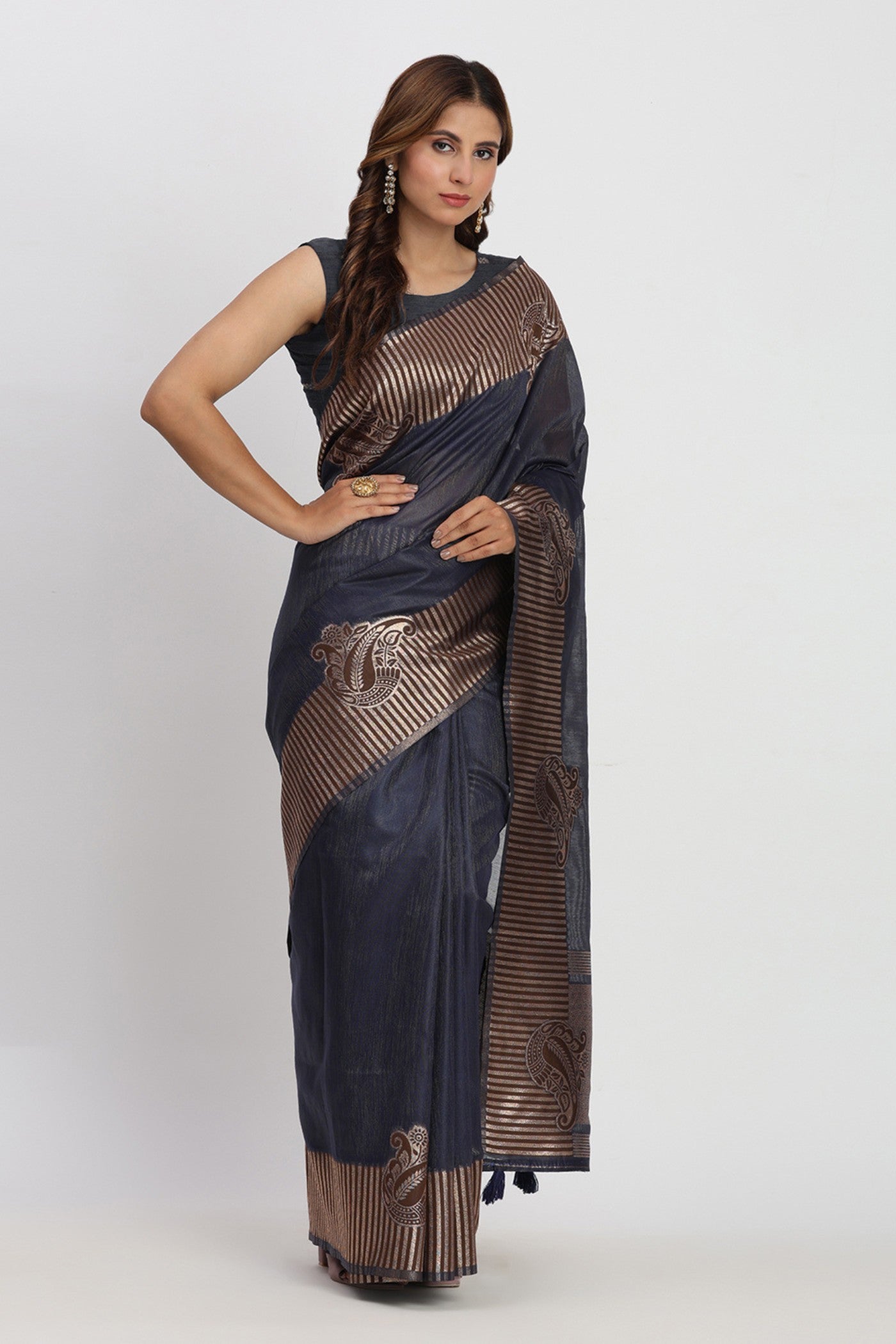 Buy MySilkLove Navy Blue Woven Linen Cotton Saree Online