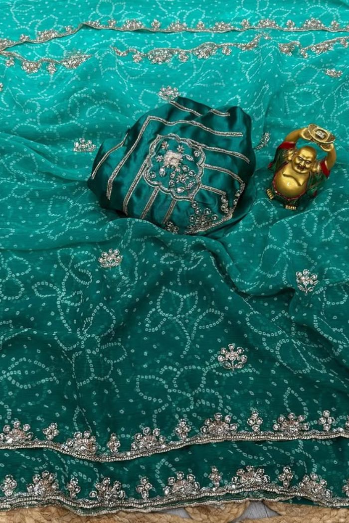 Buy MySilkLove Aqua Teal Georgette Chiffon Bead Work Saree Online