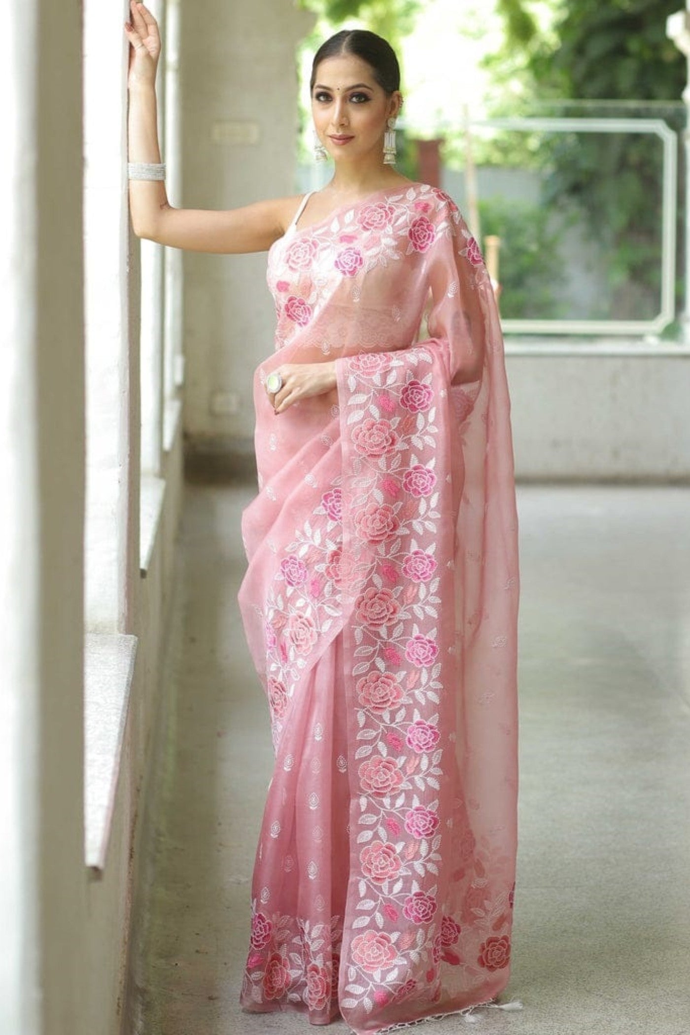 Buy MySilkLove Beauty Pink Organza Partywar Saree Online