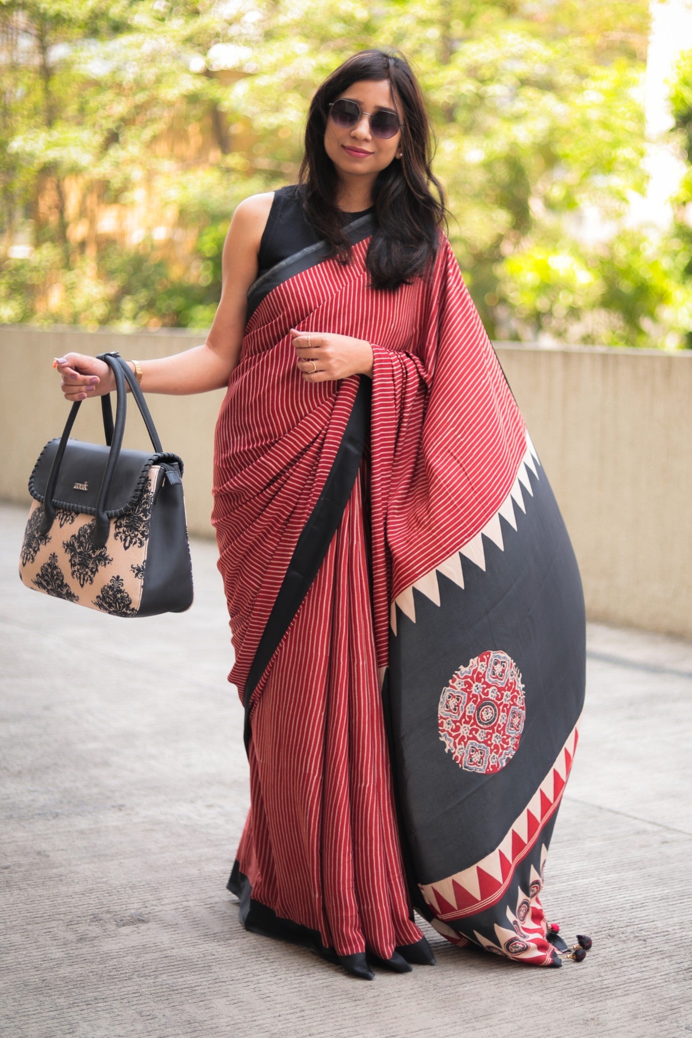 Buy MySilkLove Dark Chestnut Red Ajrakh Printed Satin Crepe Silk Saree Online