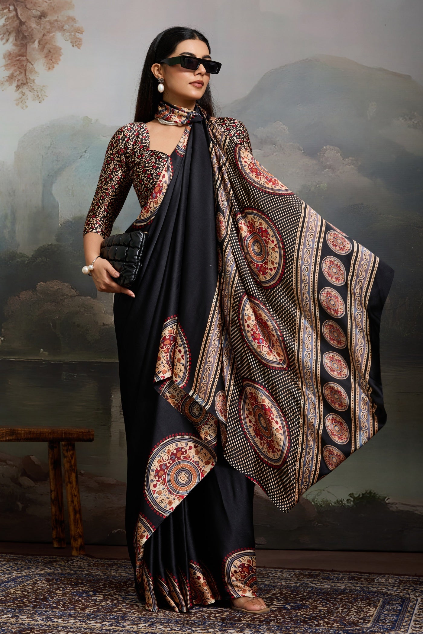 Buy MySilkLove Stone Black Modal Ajrakh Printed Silk Saree Online