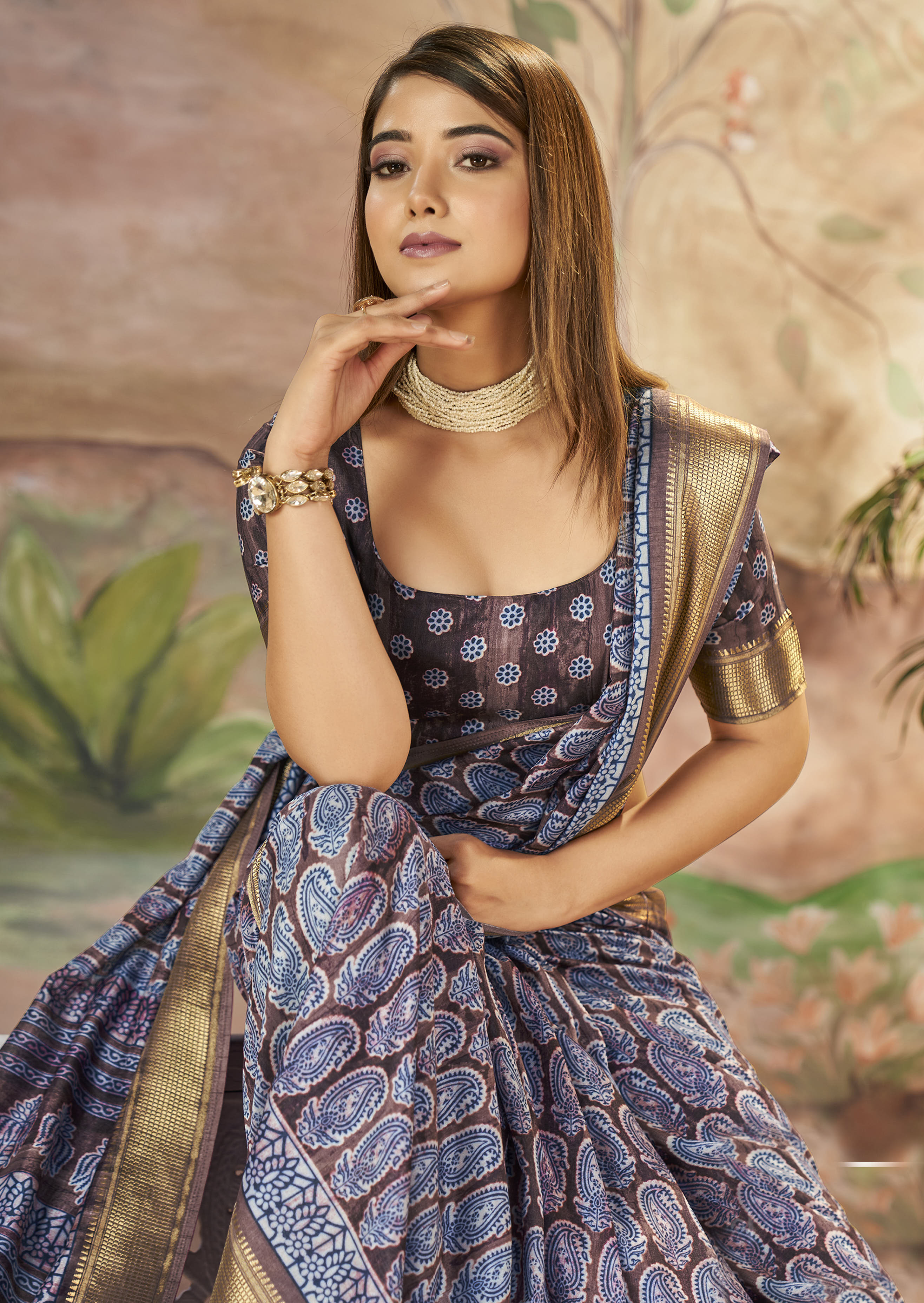 Buy MySilkLove Mulled Wine Blue Designer Printed Dola Silk Saree Online