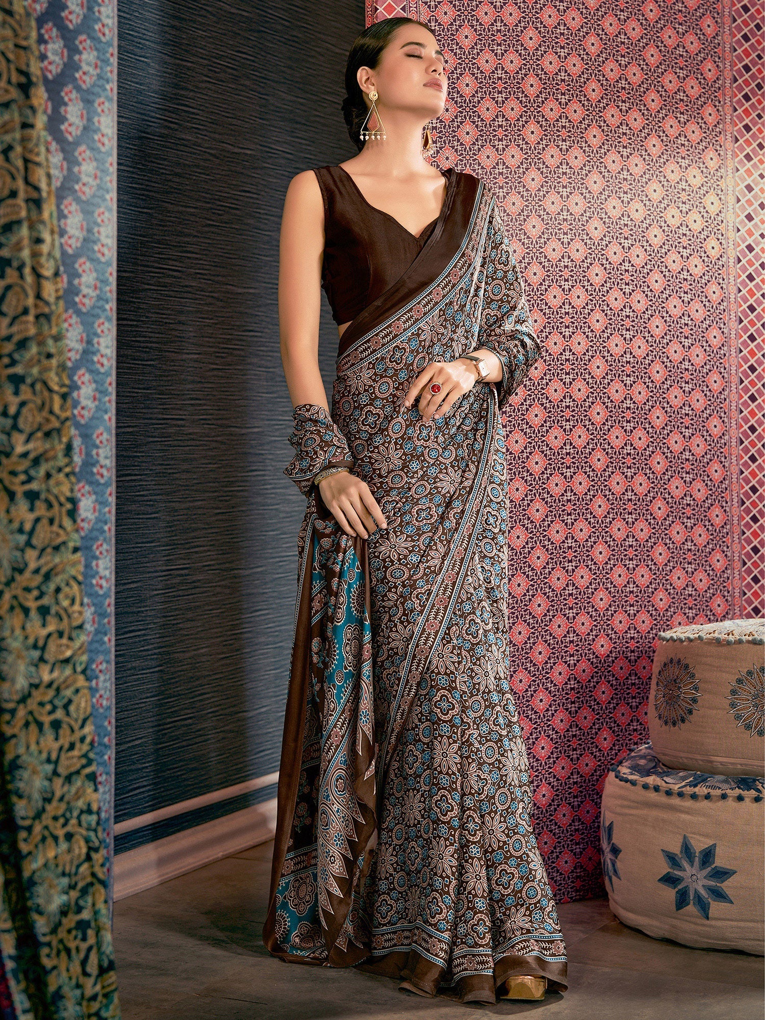 Buy MySilkLove Lime Blue and Brown Digital Printed Ajrakh Satin Crepe Saree Online