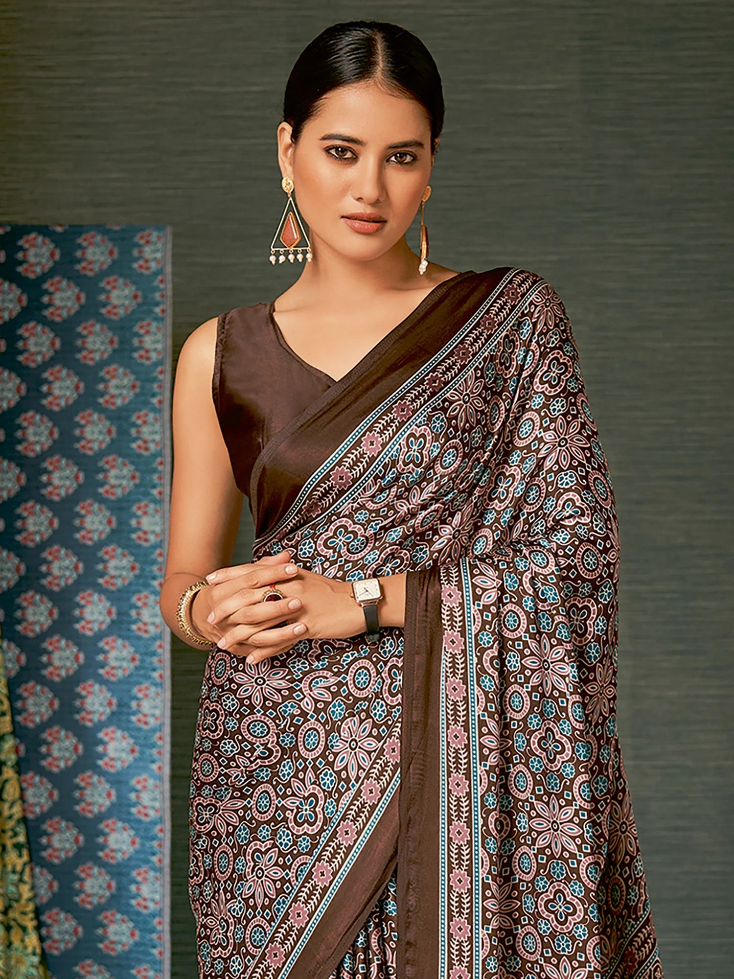 Buy MySilkLove Lime Blue and Brown Digital Printed Ajrakh Satin Crepe Saree Online