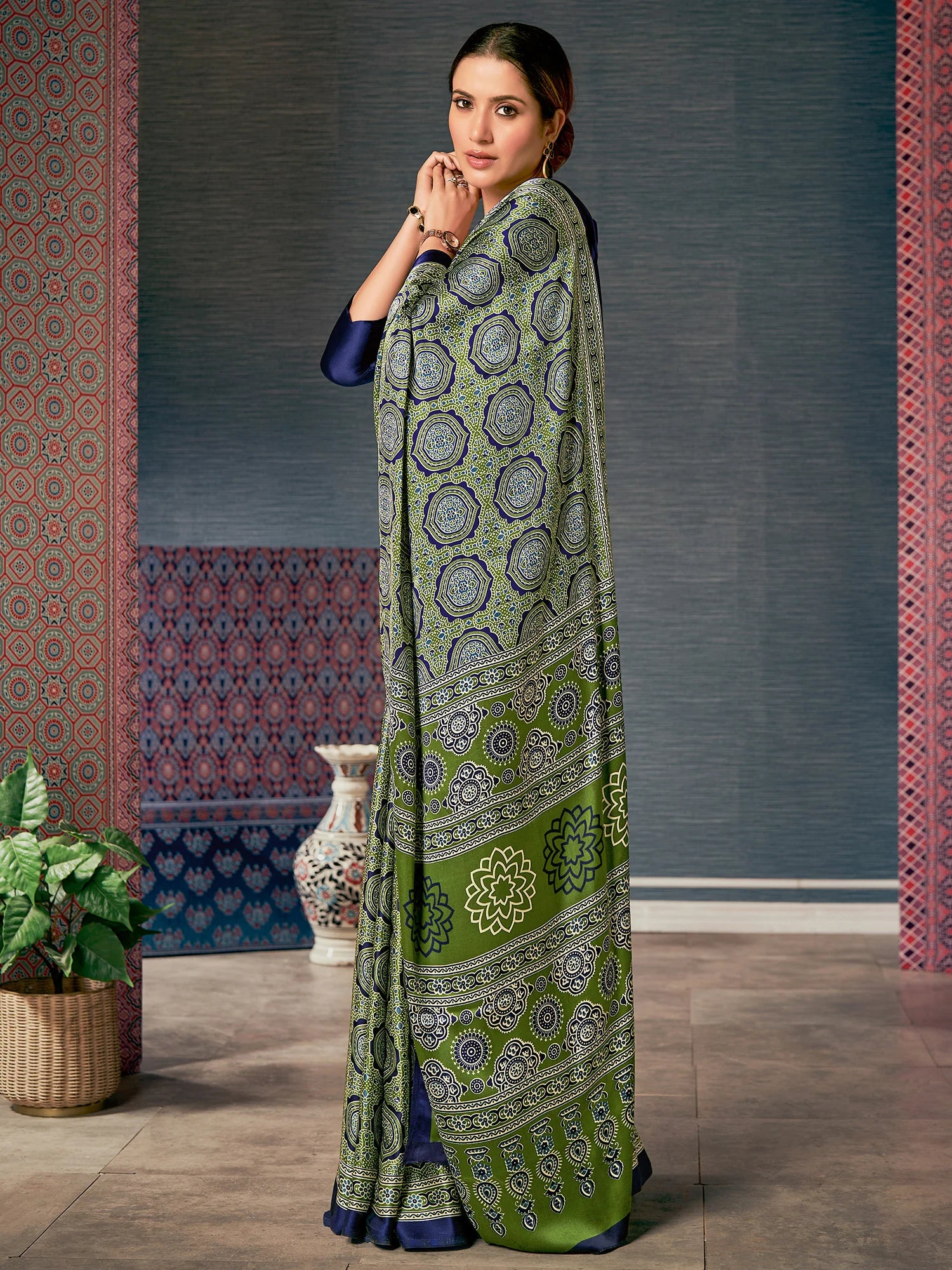 Buy MySilkLove Olive Green Digital Printed Ajrakh Satin Crepe Saree Online