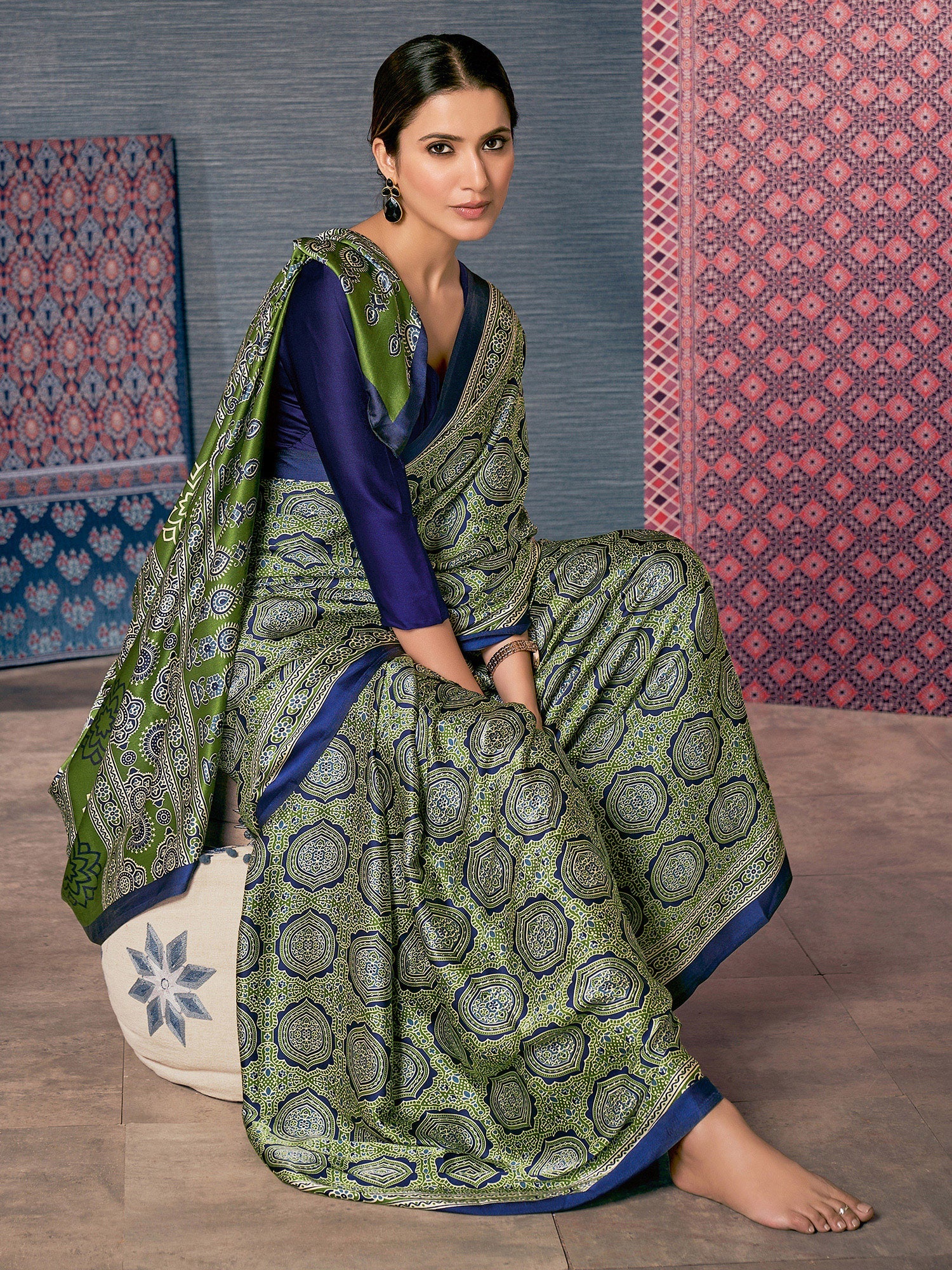 Buy MySilkLove Olive Green Digital Printed Ajrakh Satin Crepe Saree Online