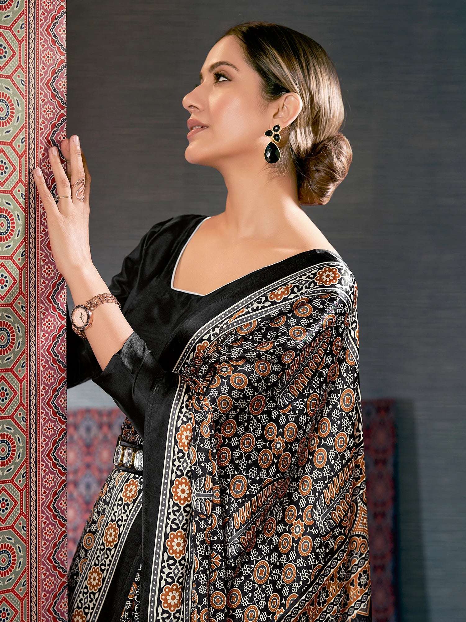 Buy MySilkLove Metal Black and Brown Digital Printed Ajrakh Satin Crepe Saree Online