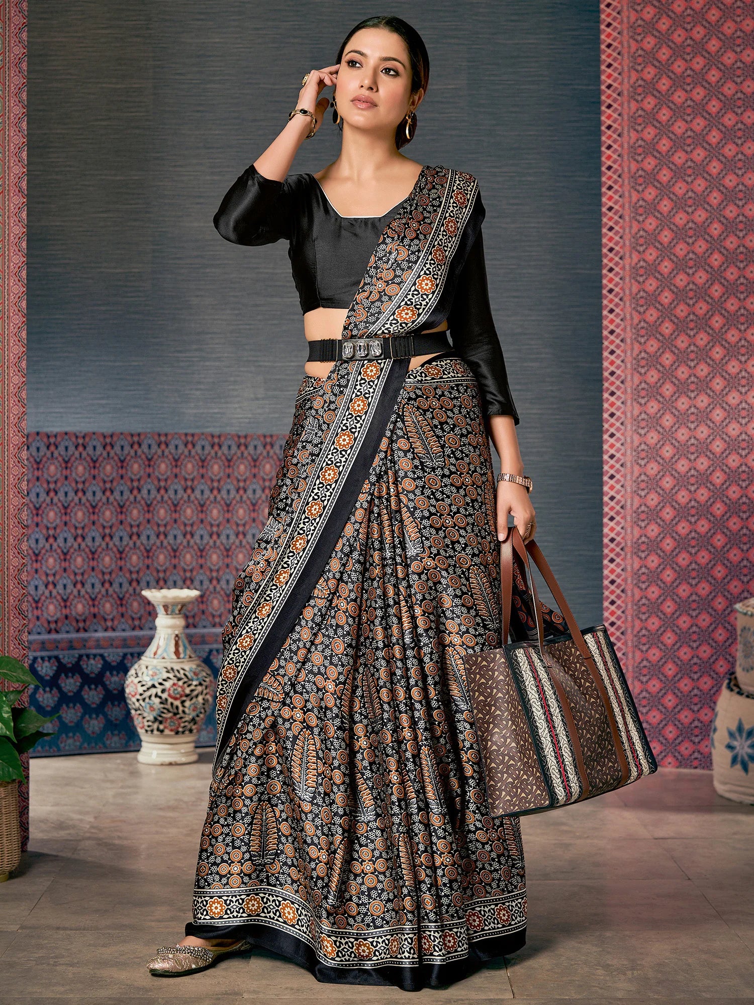 Buy MySilkLove Metal Black and Brown Digital Printed Ajrakh Satin Crepe Saree Online