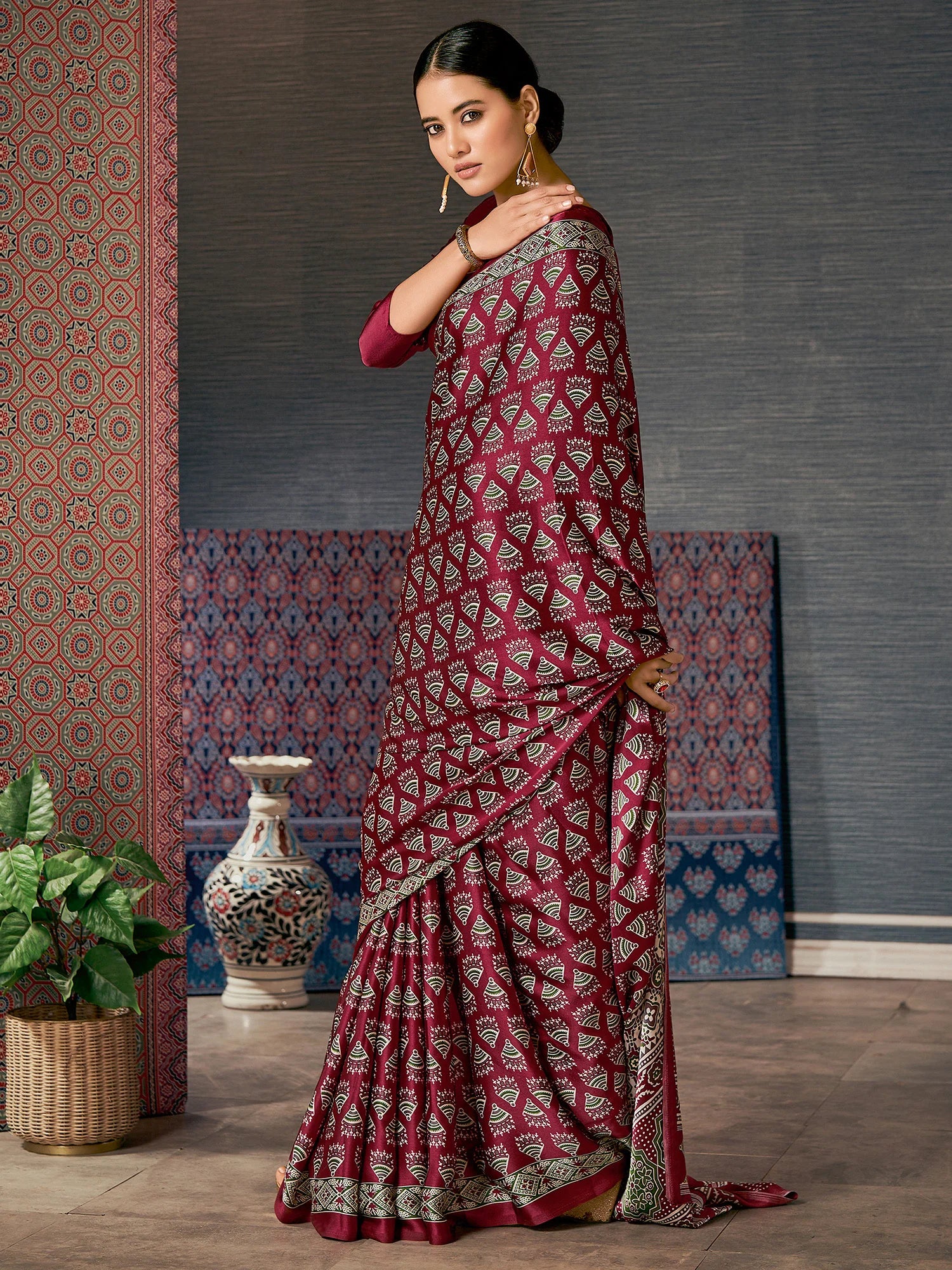 Buy MySilkLove Claret Maroon Digital Printed Ajrakh Satin Crepe Saree Online