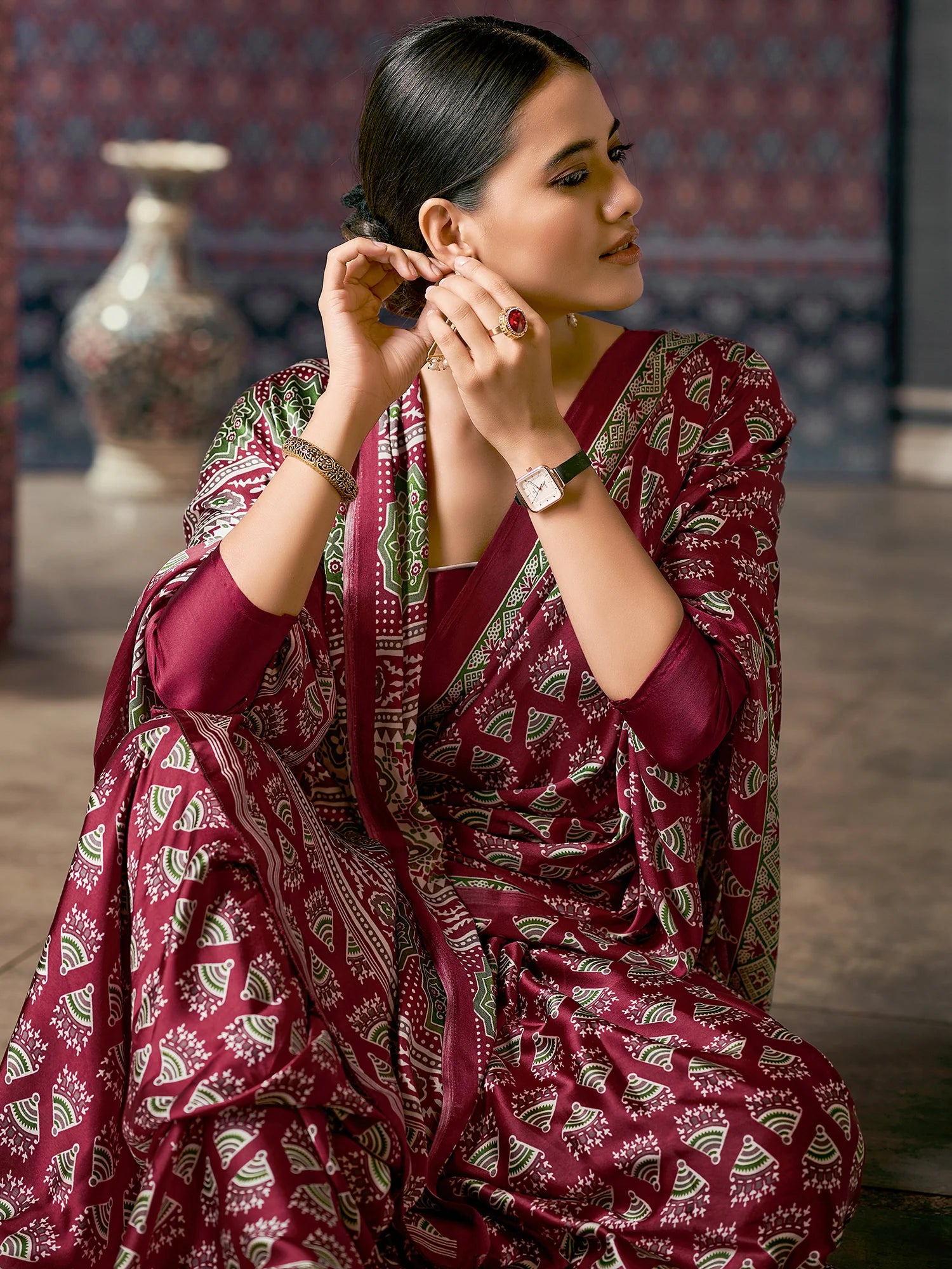 Buy MySilkLove Claret Maroon Digital Printed Ajrakh Satin Crepe Saree Online