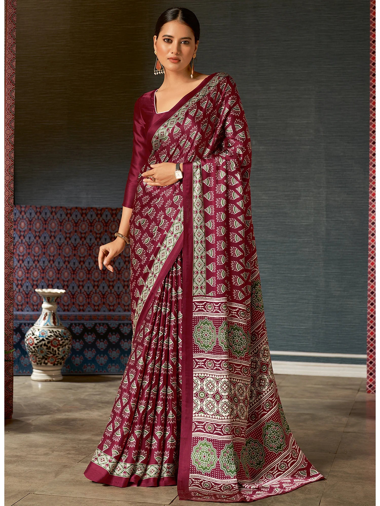 Buy MySilkLove Claret Maroon Digital Printed Ajrakh Satin Crepe Saree Online