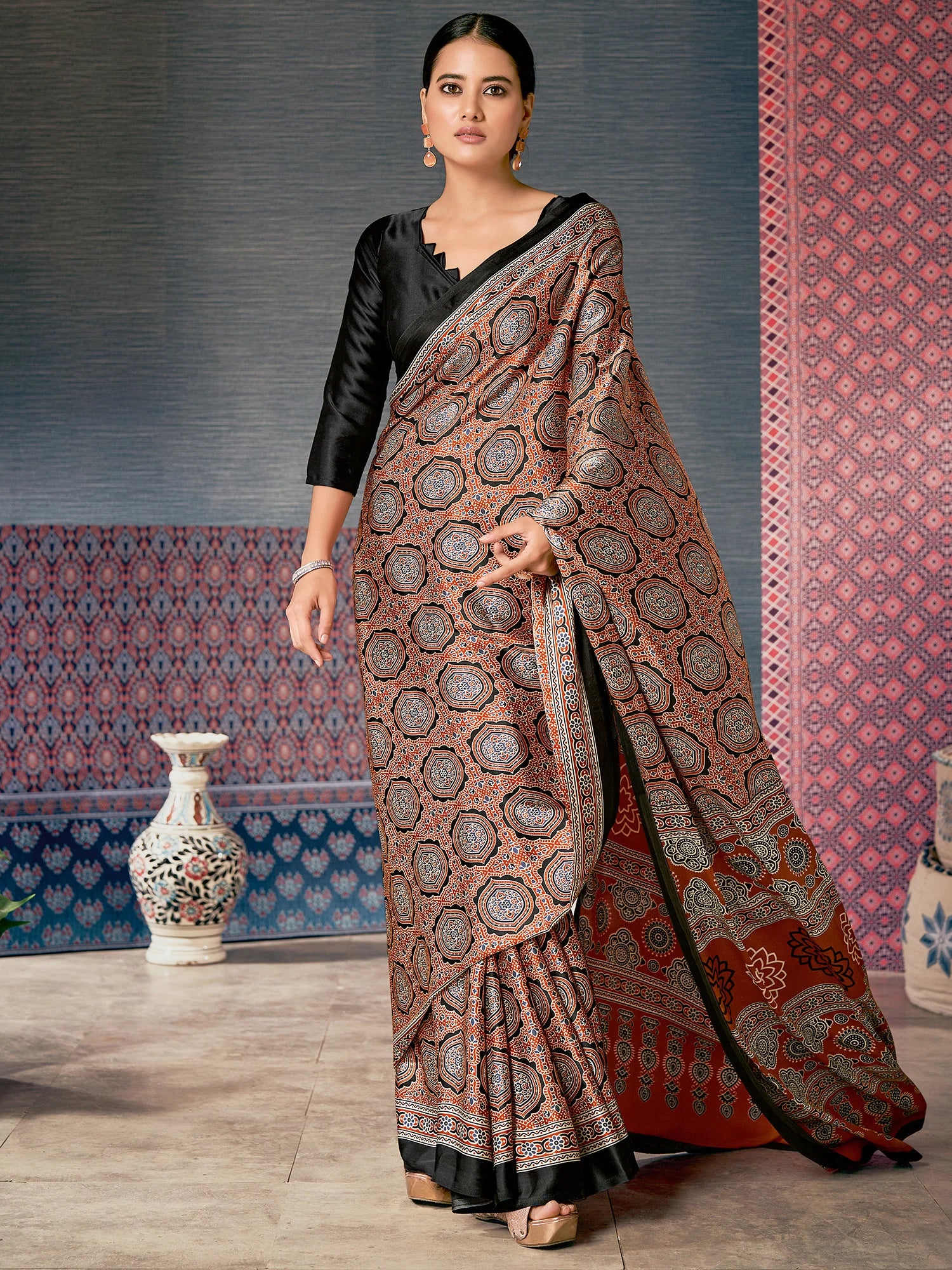 Buy MySilkLove Chocolate Brown Digital Printed Ajrakh Satin Crepe Saree Online