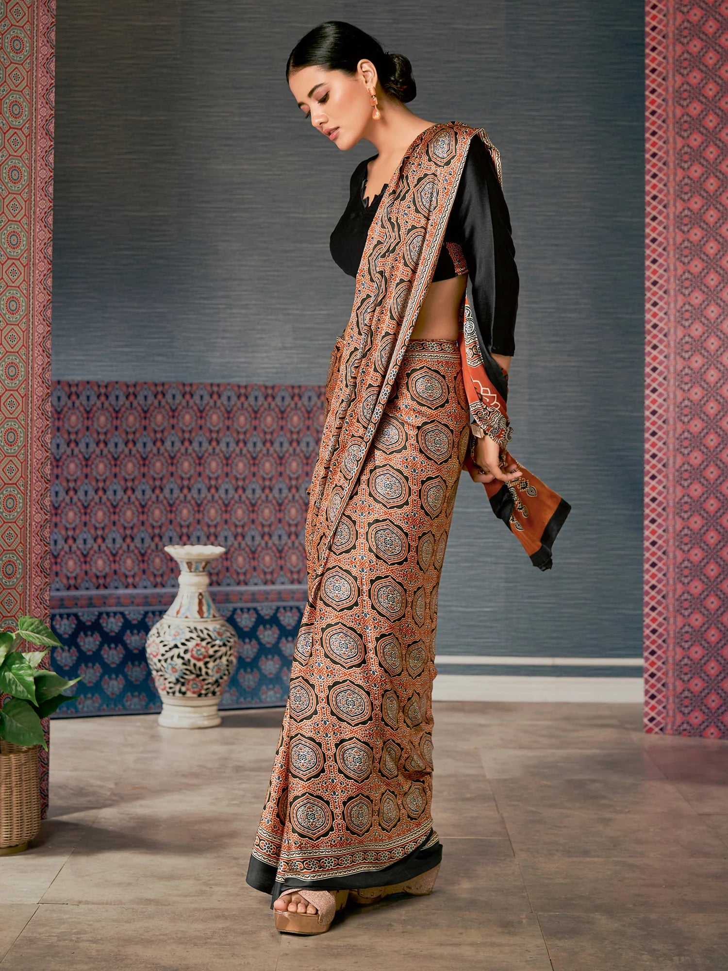 Buy MySilkLove Chocolate Brown Digital Printed Ajrakh Satin Crepe Saree Online