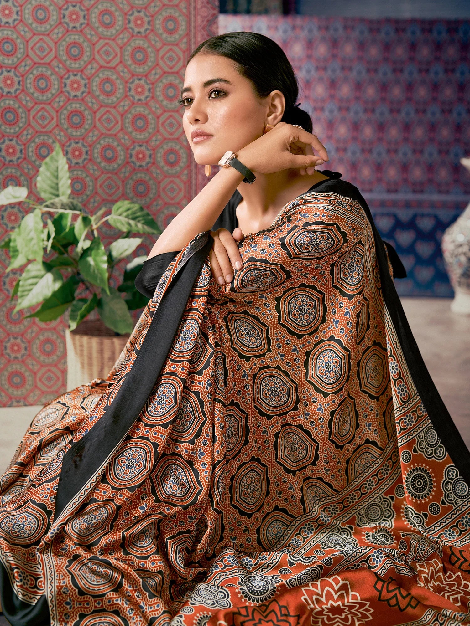 Buy MySilkLove Chocolate Brown Digital Printed Ajrakh Satin Crepe Saree Online