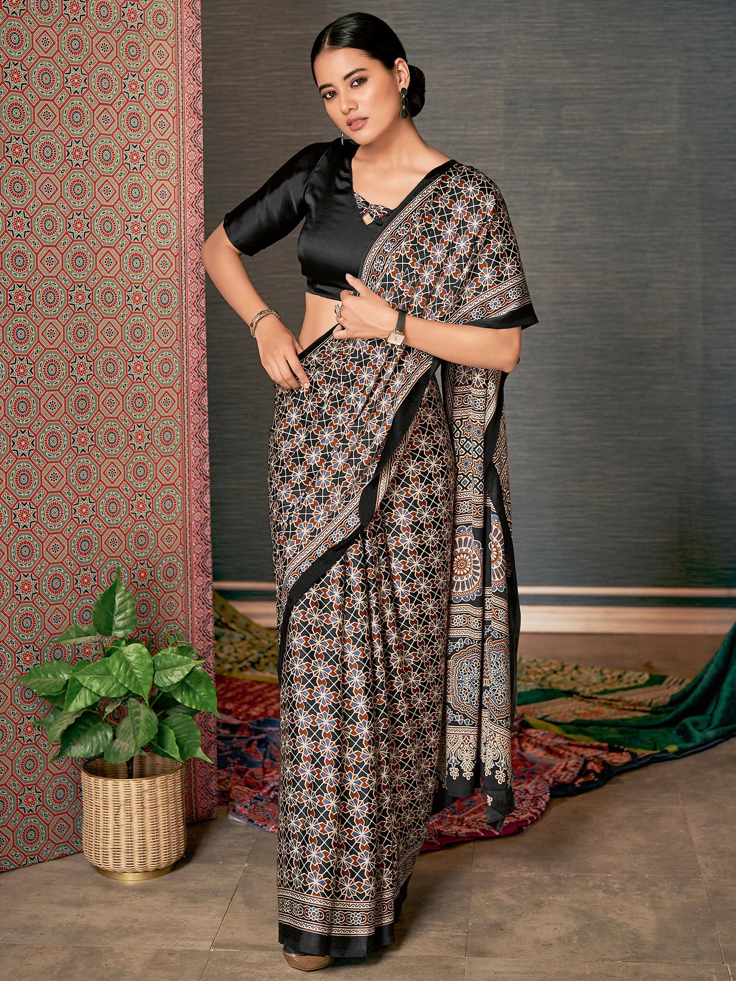 Buy MySilkLove Mine Shaft Black Digital Printed Ajrakh Satin Crepe Saree Online