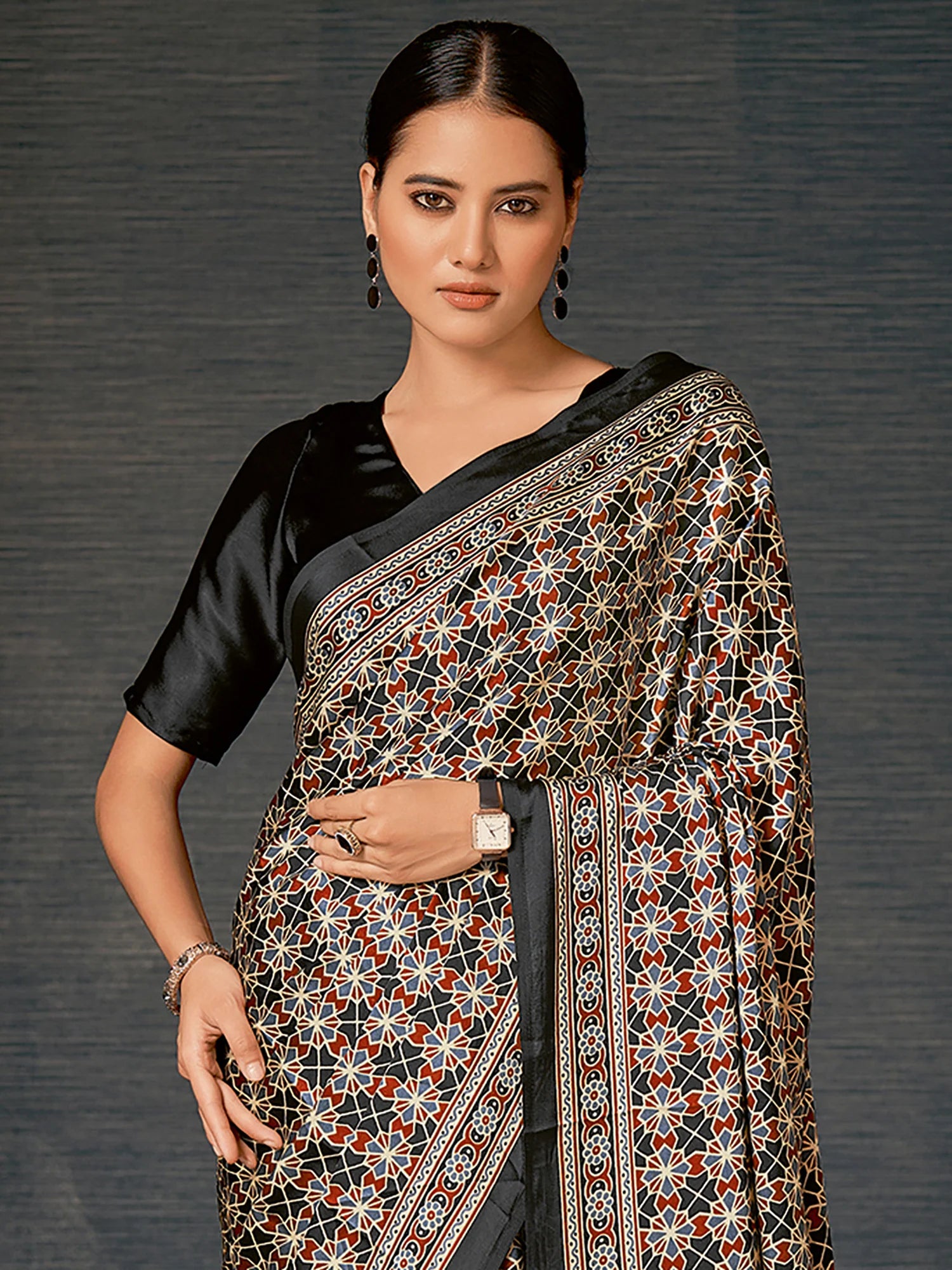 MySilkLove Mine Shaft Black Digital Printed Ajrakh Satin Crepe Saree