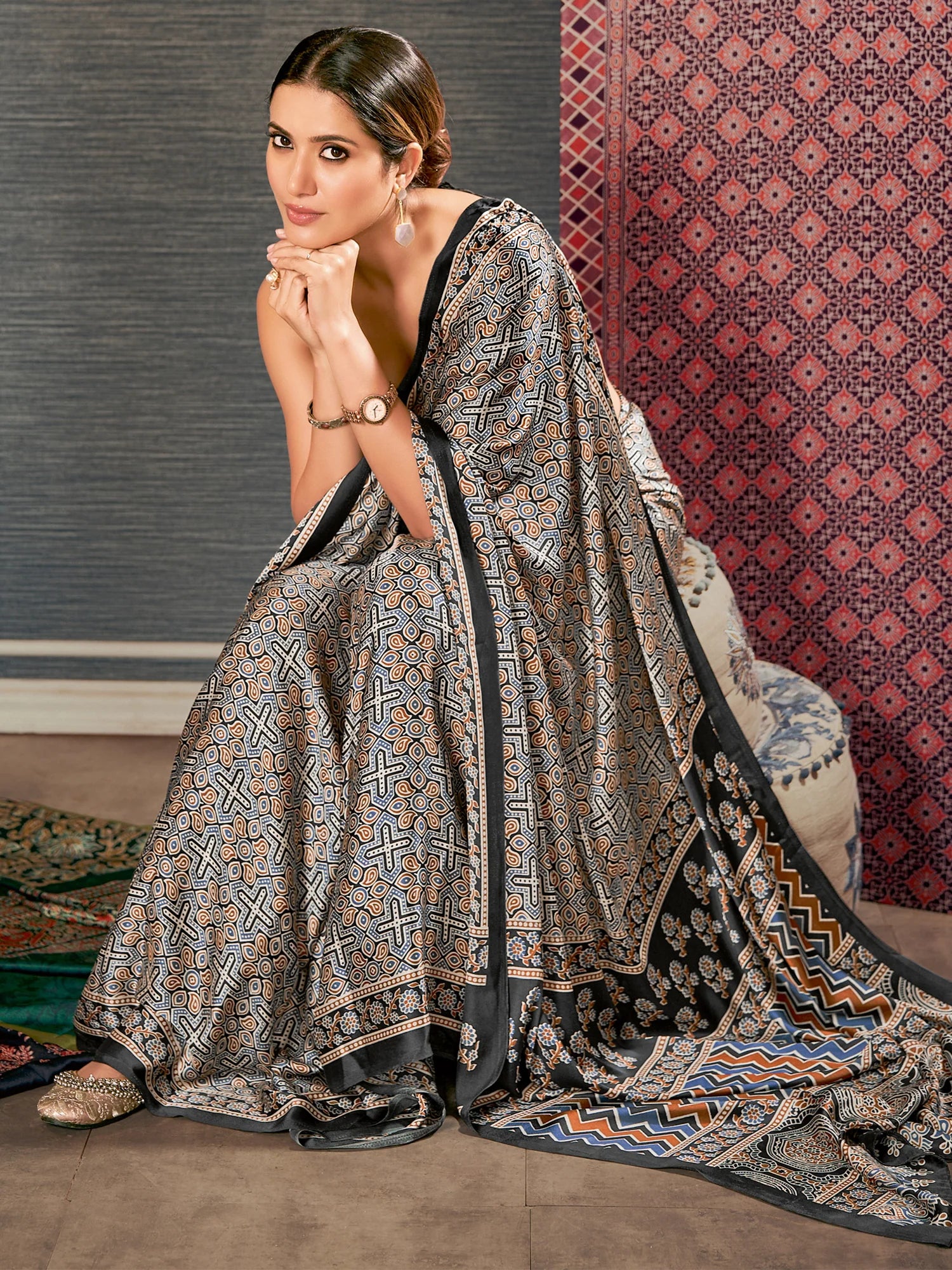 Buy MySilkLove Elegant Grey Digital Printed Ajrakh Satin Crepe Saree Online