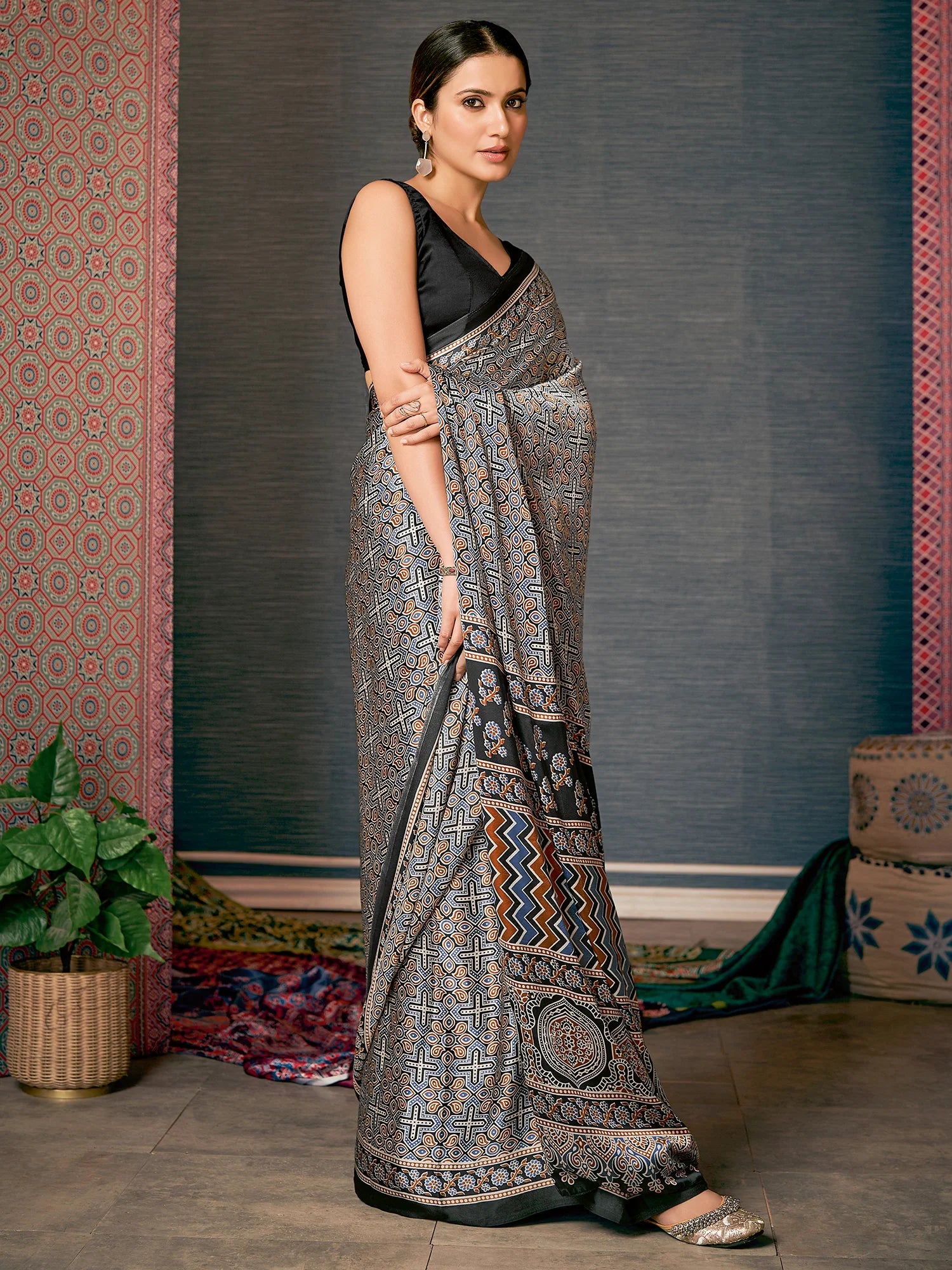 Buy MySilkLove Elegant Grey Digital Printed Ajrakh Satin Crepe Saree Online