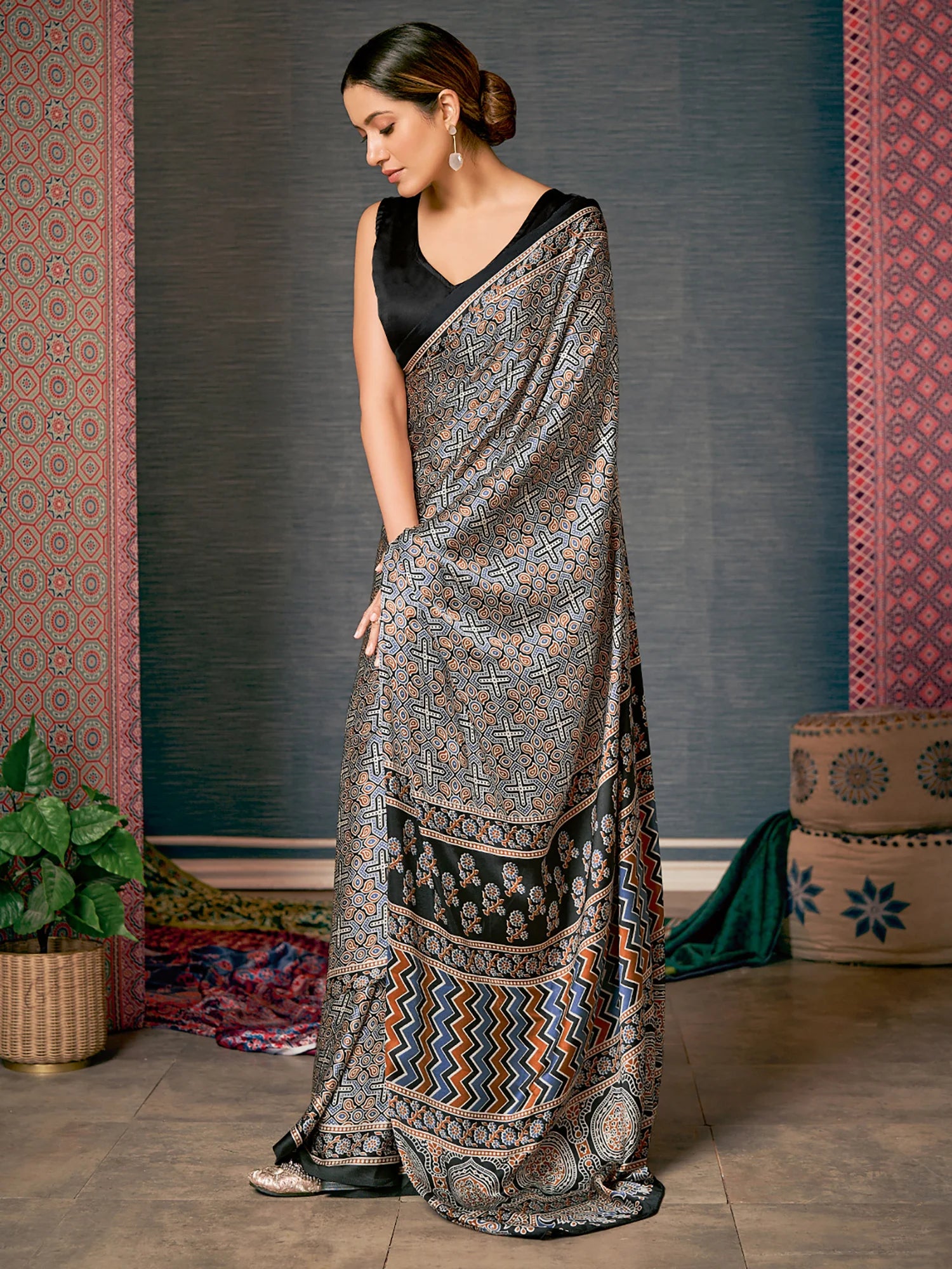 Buy MySilkLove Elegant Grey Digital Printed Ajrakh Satin Crepe Saree Online