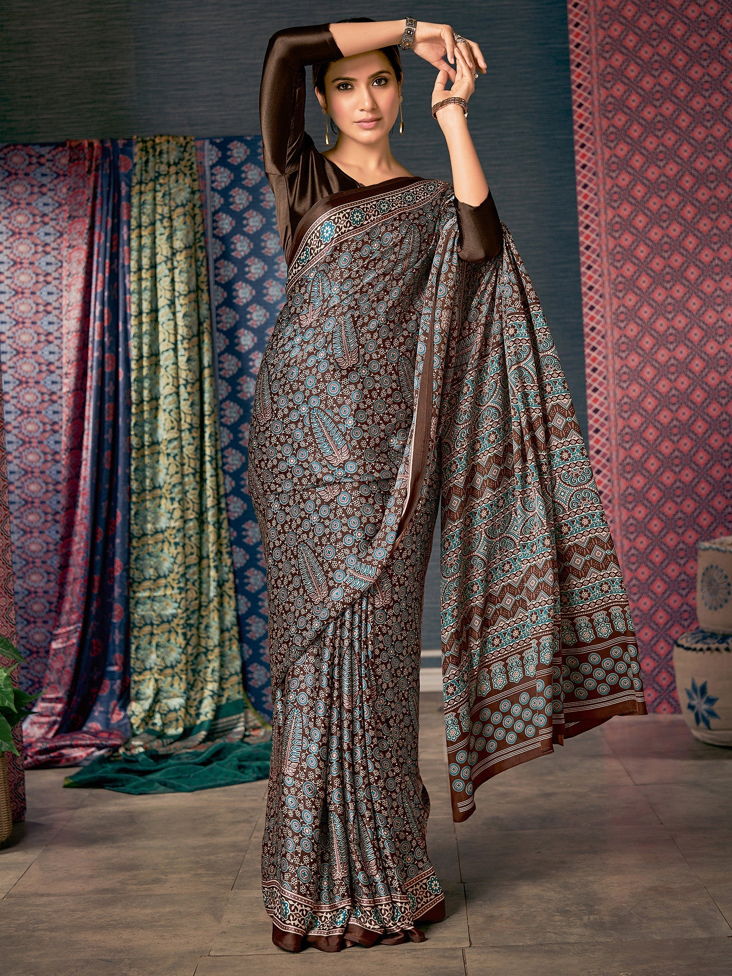 Buy MySilkLove Coco Brown Digital Printed Ajrakh Satin Crepe Saree Online