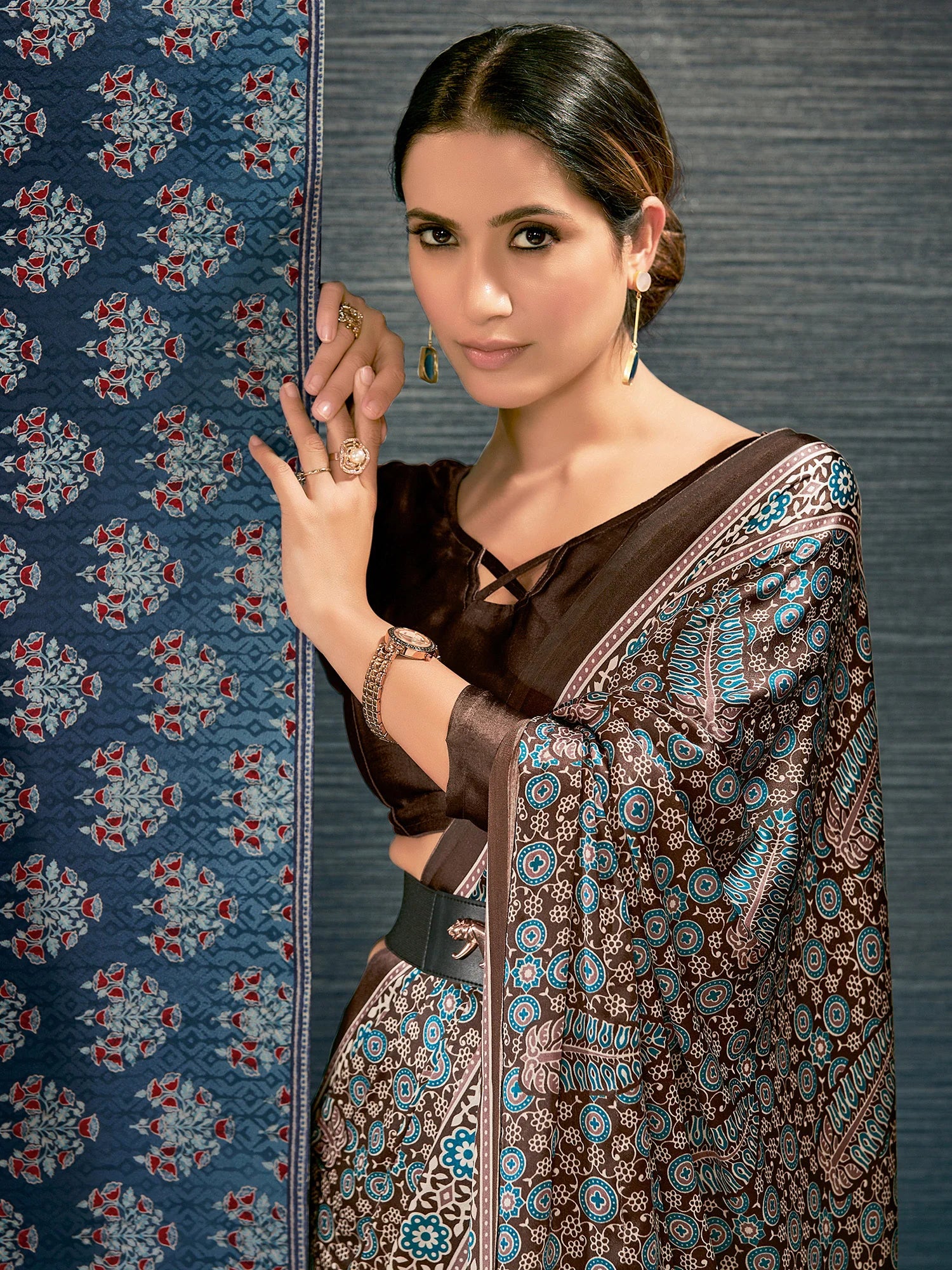 MySilkLove Coco Brown Digital Printed Ajrakh Satin Crepe Saree